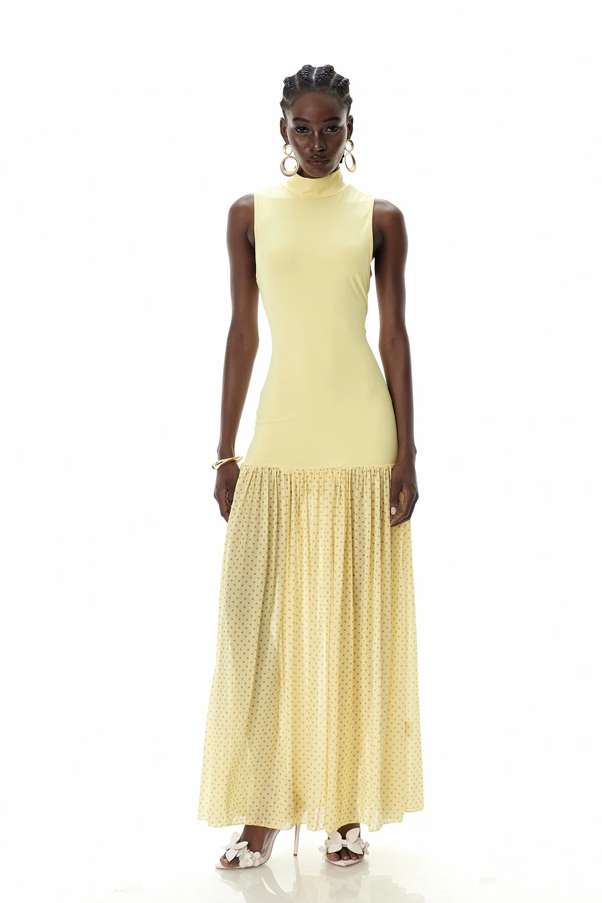 Yellow Sleeveless Polka Dot Maxi Dress