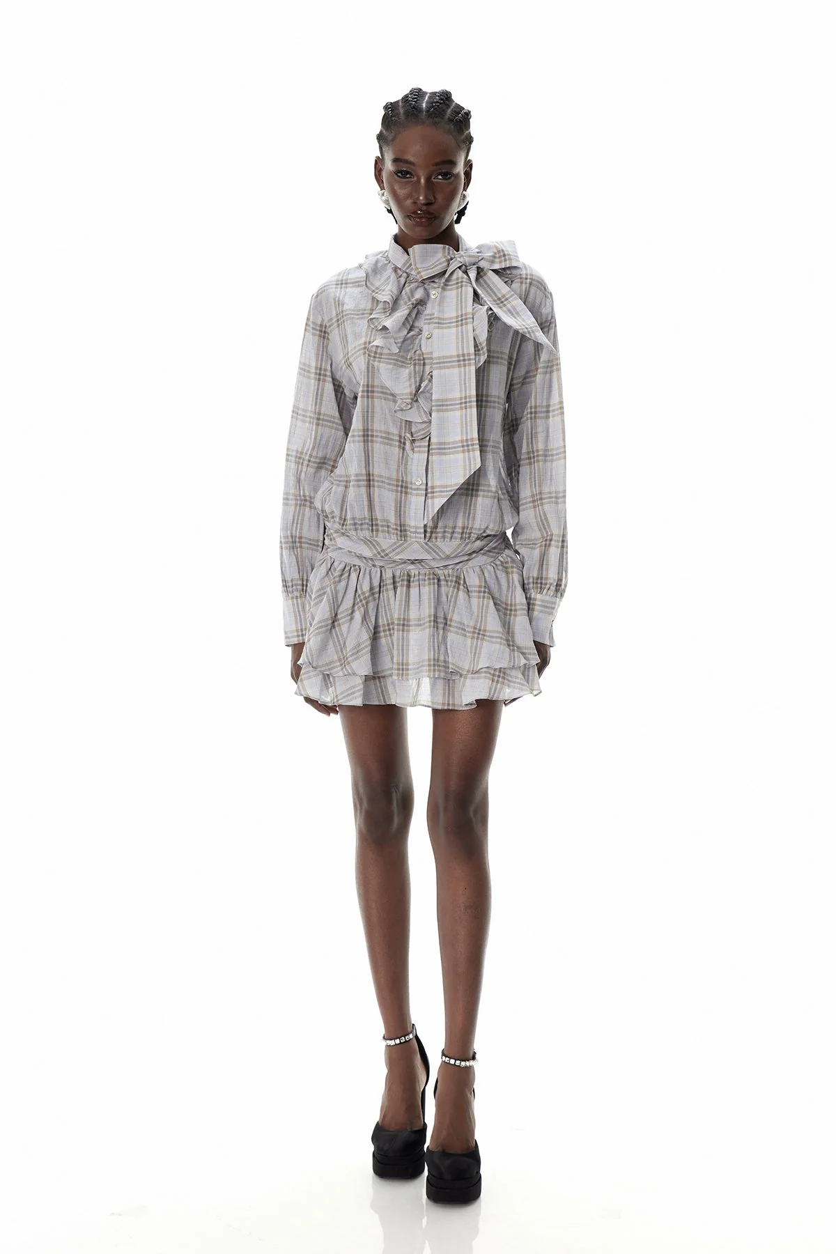 Elegant Grid Ruffle Mini Dress with Bow Detail