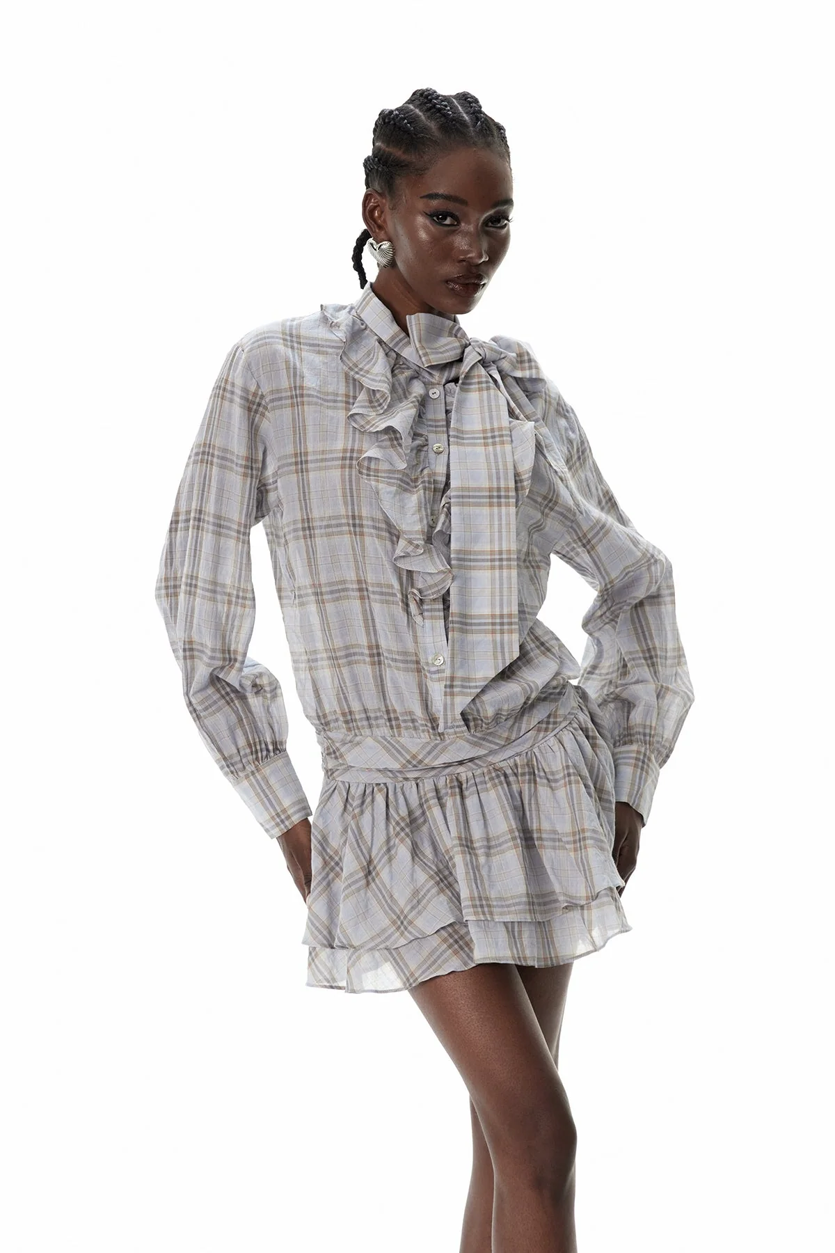 Elegant Grid Ruffle Mini Dress with Bow Detail