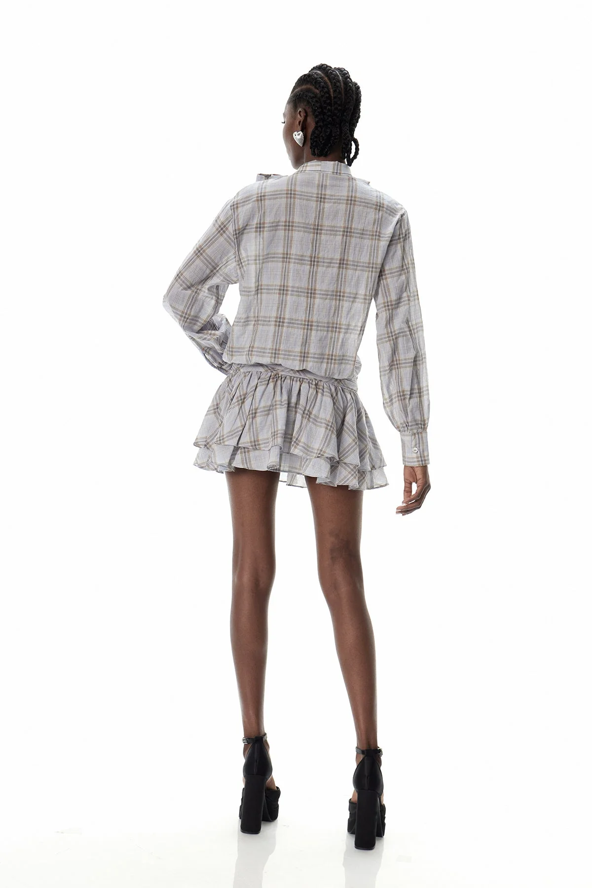 Elegant Grid Ruffle Mini Dress with Bow Detail