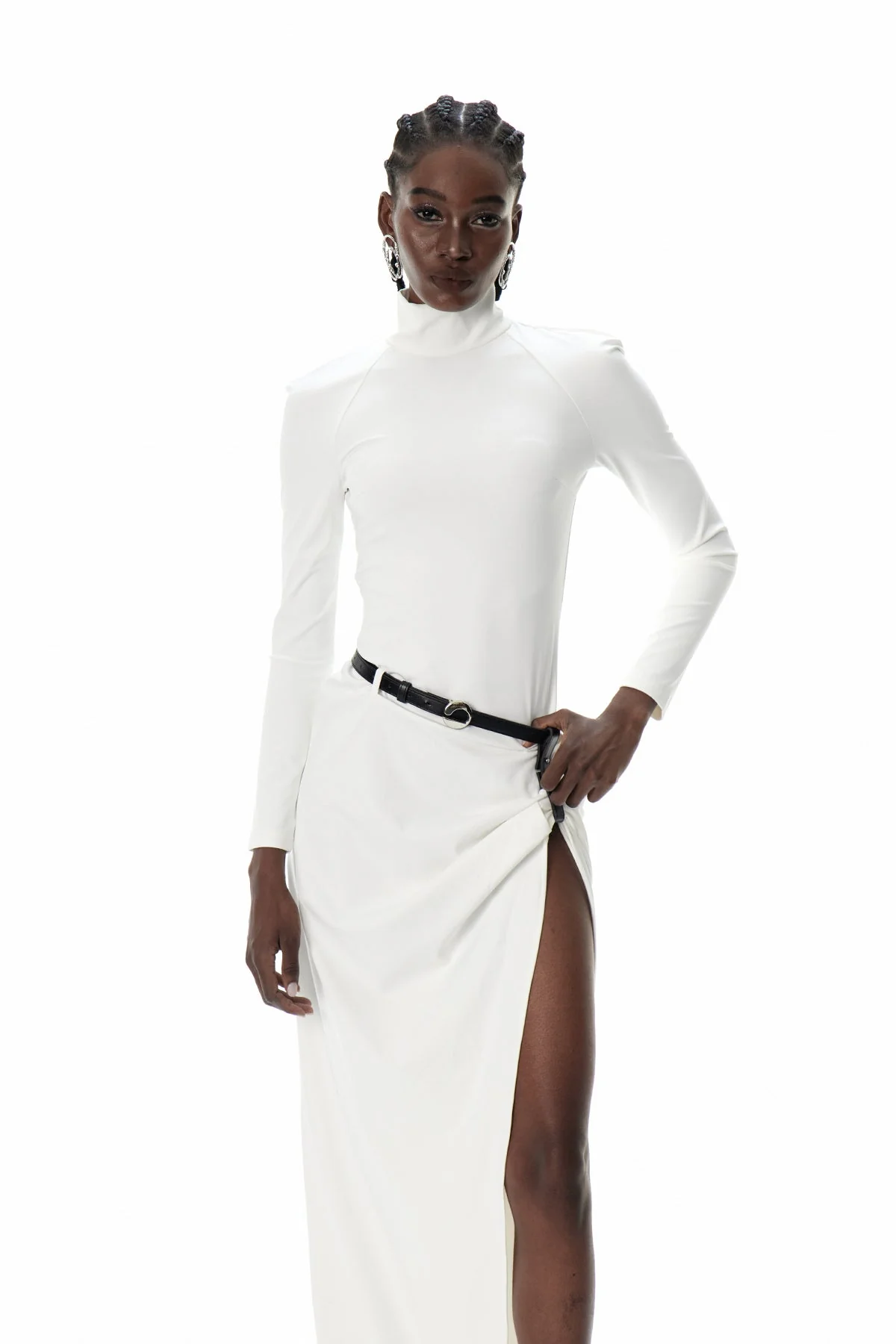 White Maxi Dress with Ruched Details and Thigh-High Split