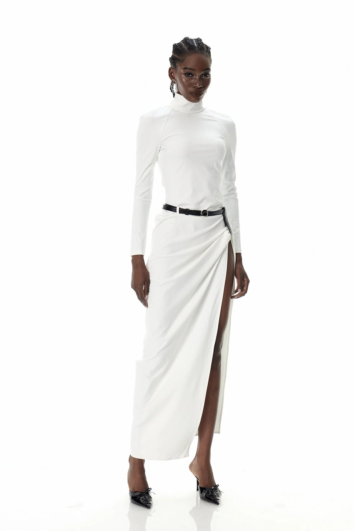 White Maxi Dress with Ruched Details and Thigh-High Split