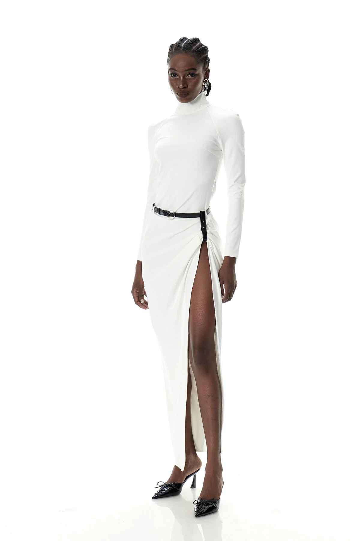 White Maxi Dress with Ruched Details and Thigh-High Split