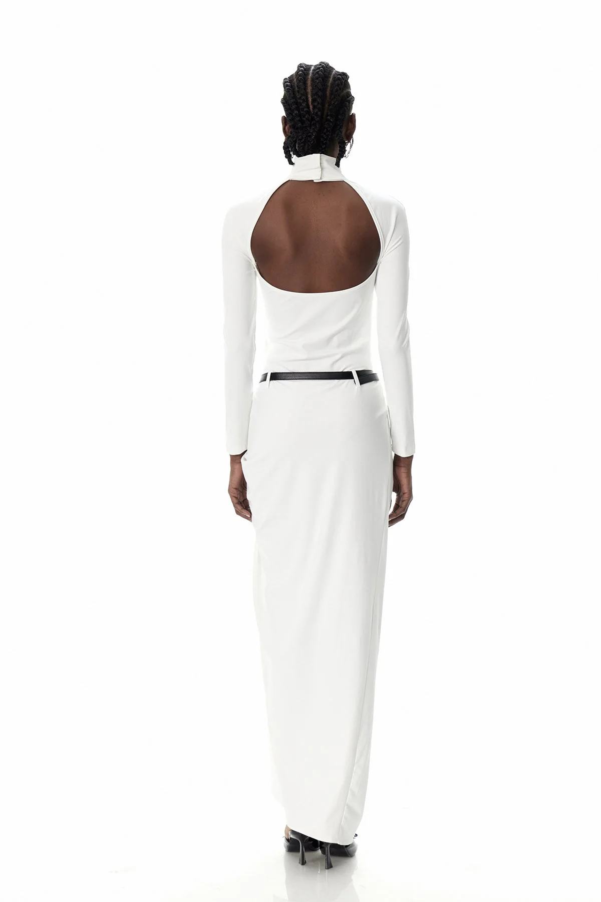 White Maxi Dress with Ruched Details and Thigh-High Split
