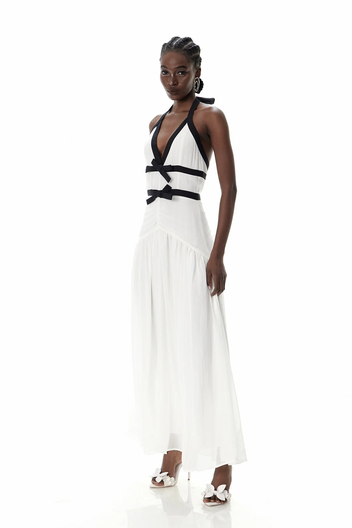 White Bow Detail Maxi Dress with Plunging Neckline