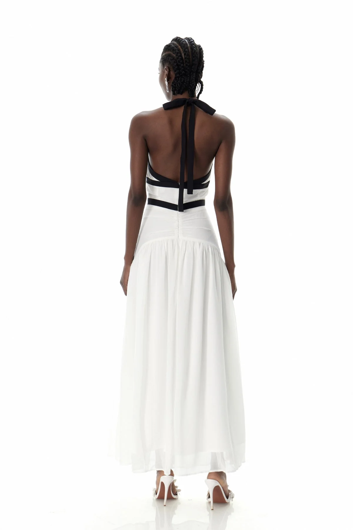 White Bow Detail Maxi Dress with Plunging Neckline