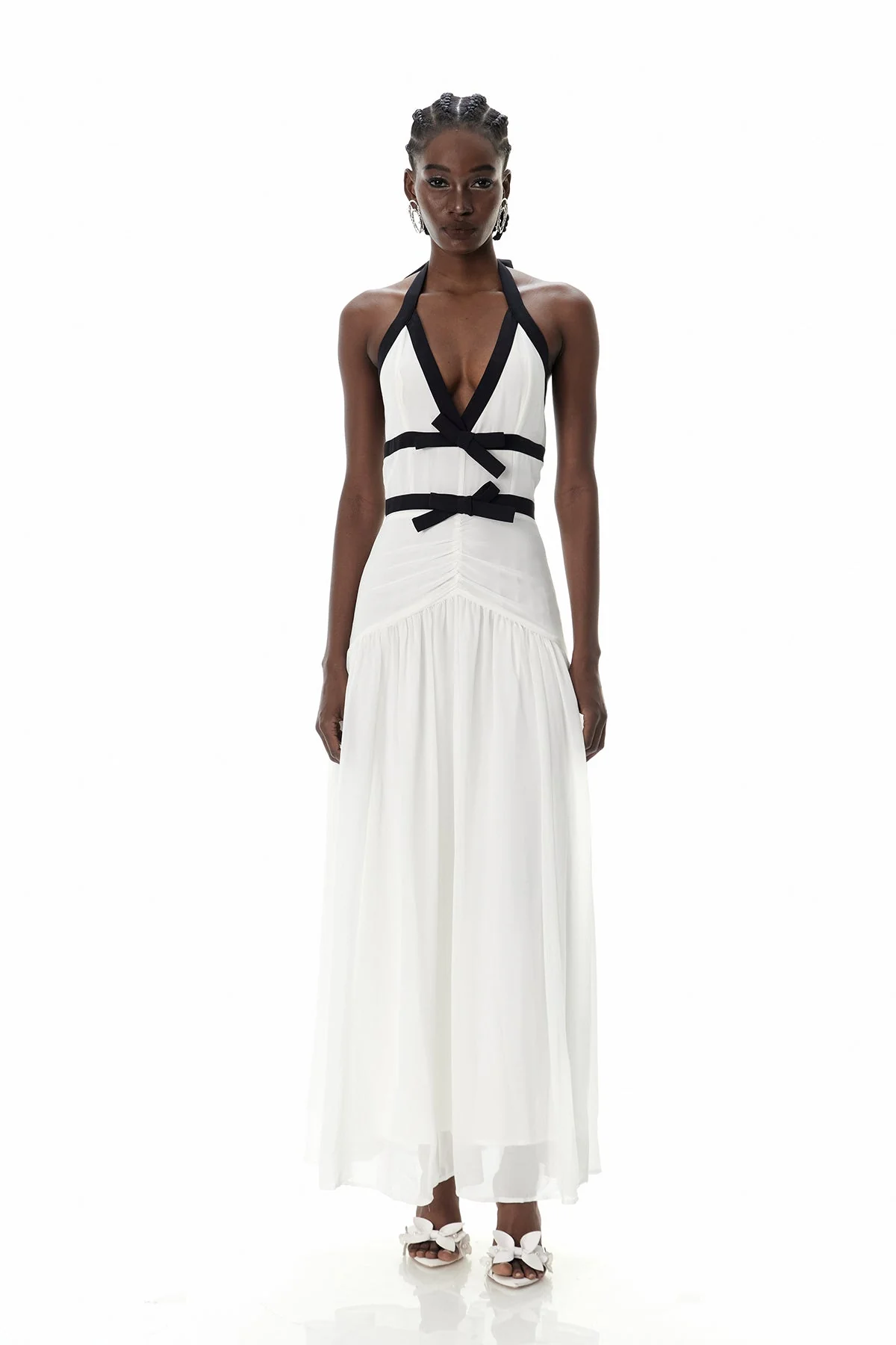 White Bow Detail Maxi Dress with Plunging Neckline