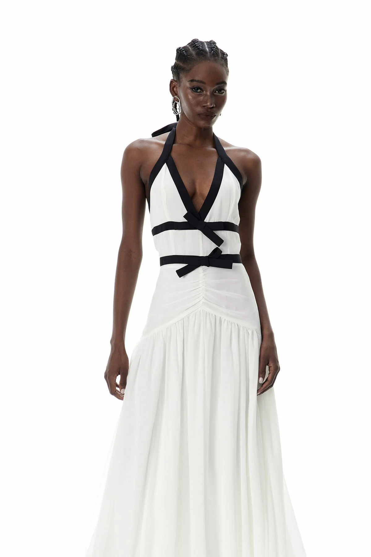 White Bow Detail Maxi Dress with Plunging Neckline