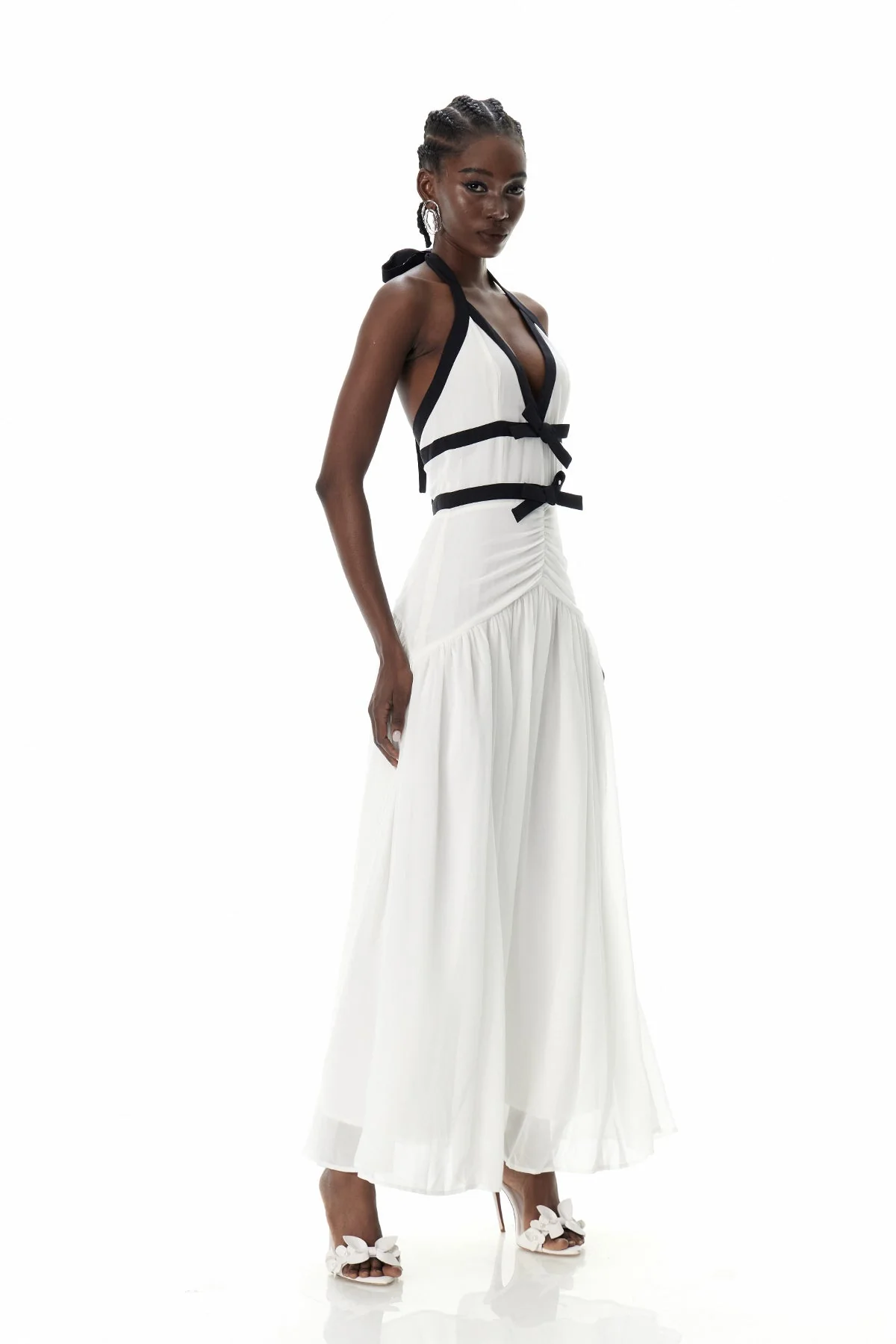 White Bow Detail Maxi Dress with Plunging Neckline