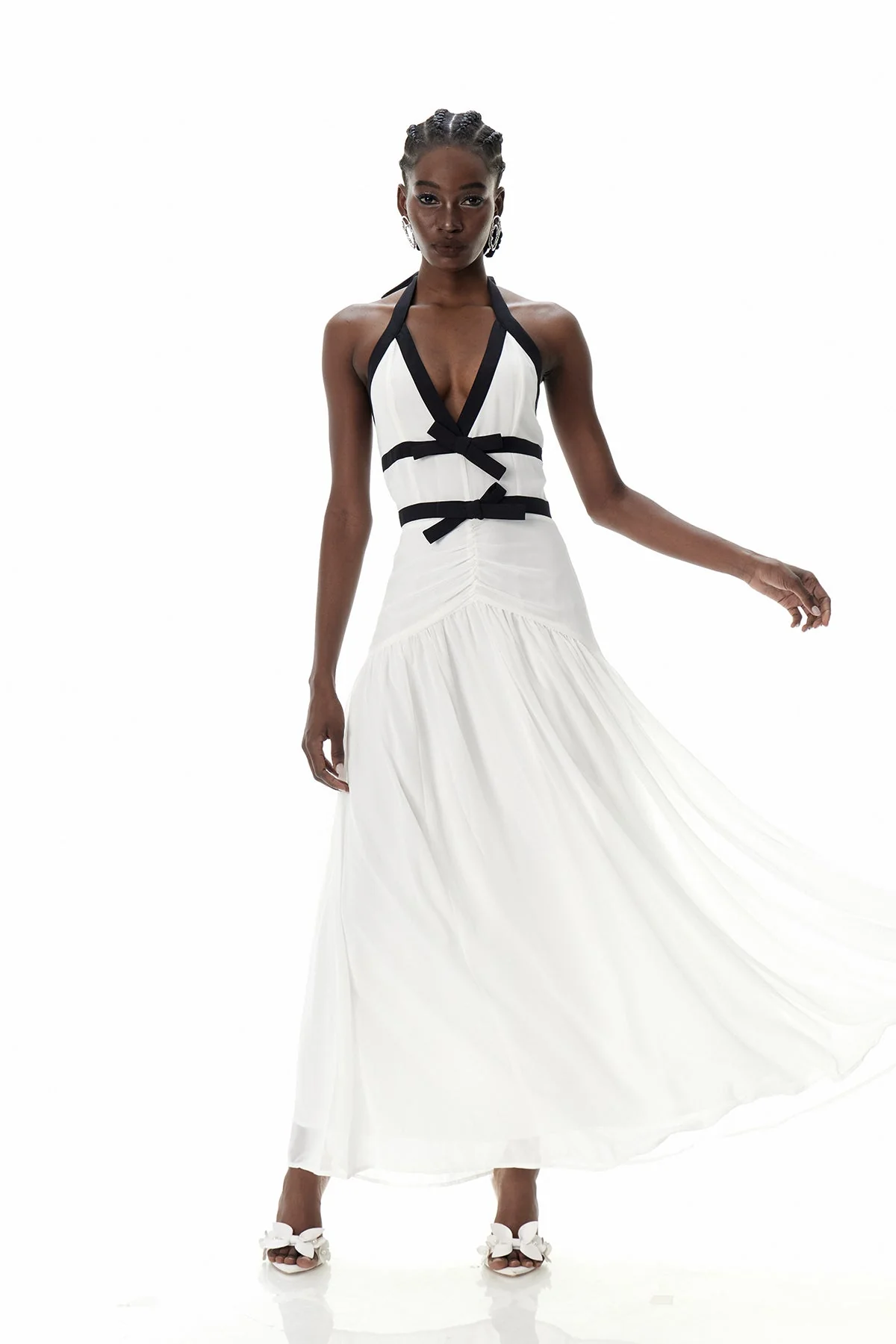 White Bow Detail Maxi Dress with Plunging Neckline