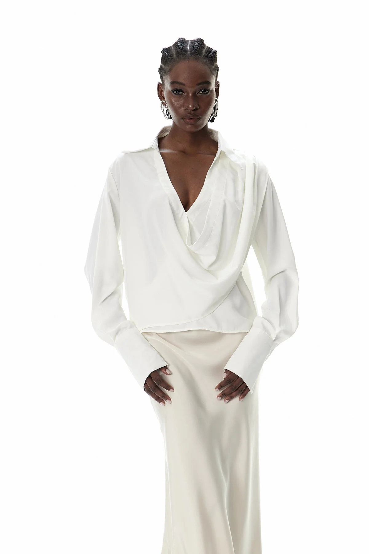 White Ruched Cowl Neck Shirt for Women