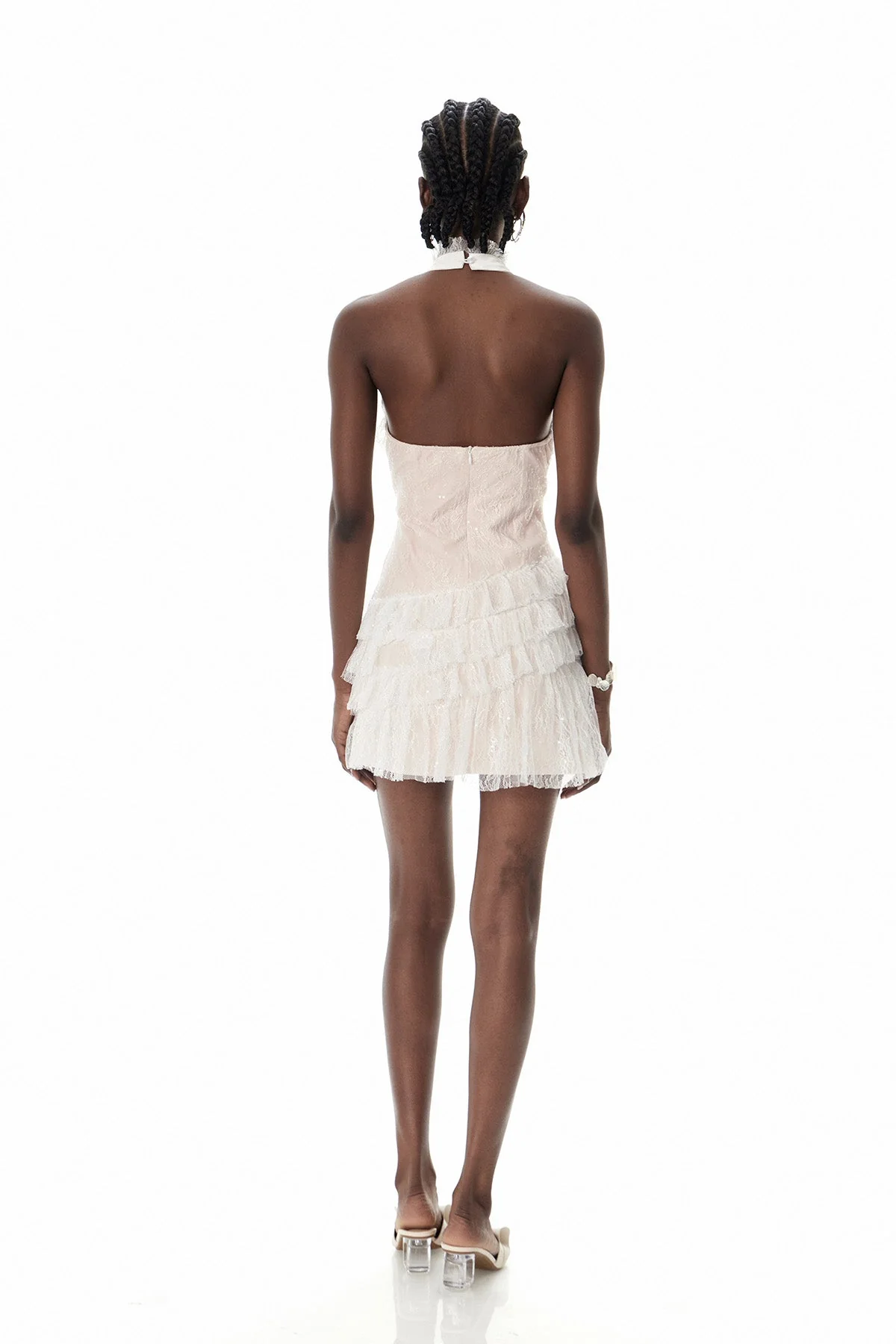 Mesh Halter Neck Mini Dress in Beige