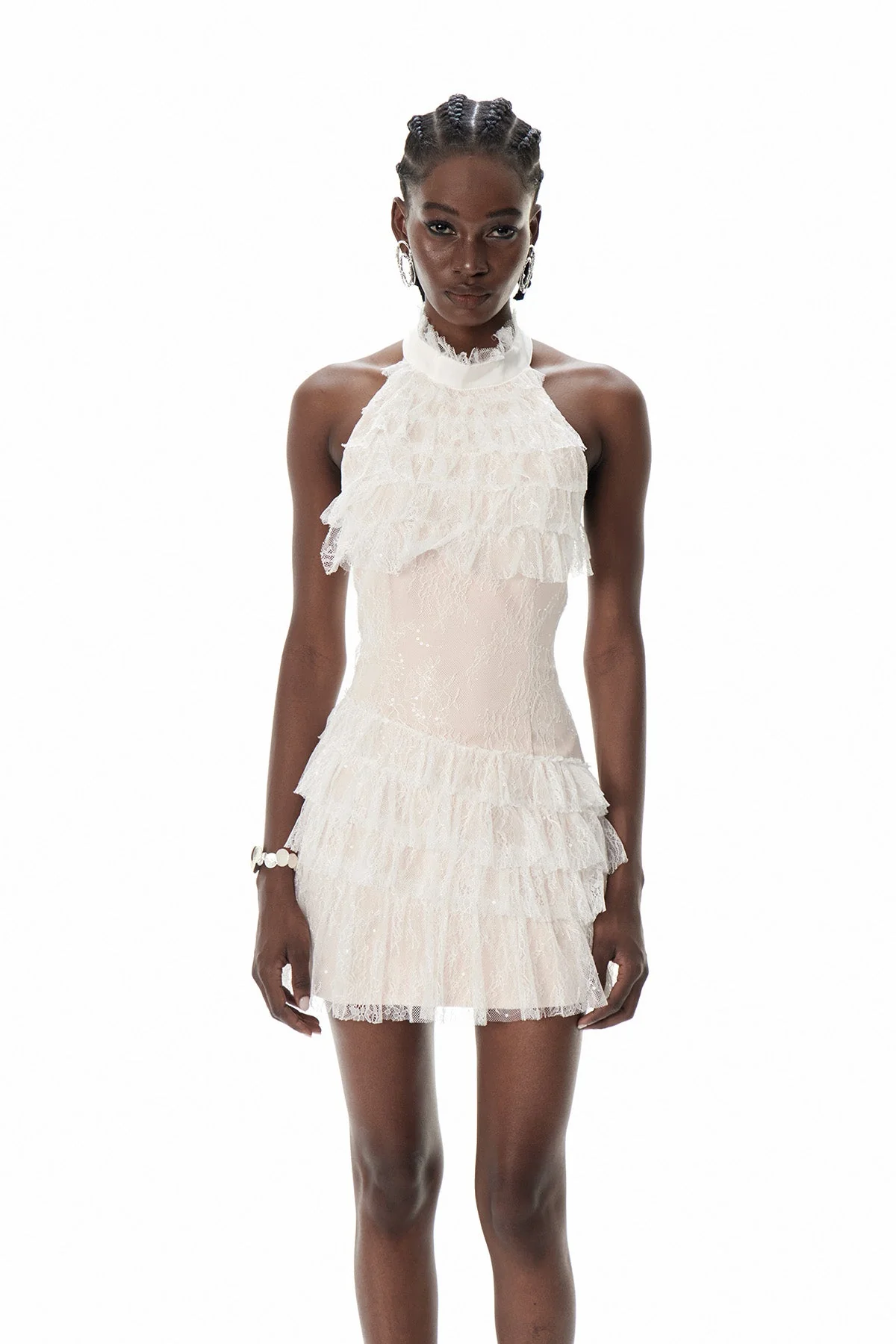 Mesh Halter Neck Mini Dress in Beige