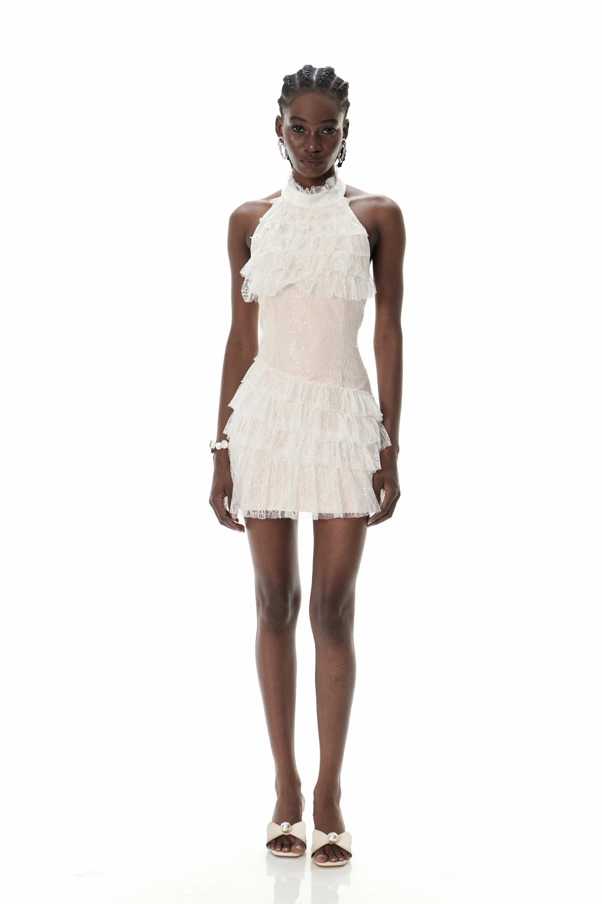 Mesh Halter Neck Mini Dress in Beige