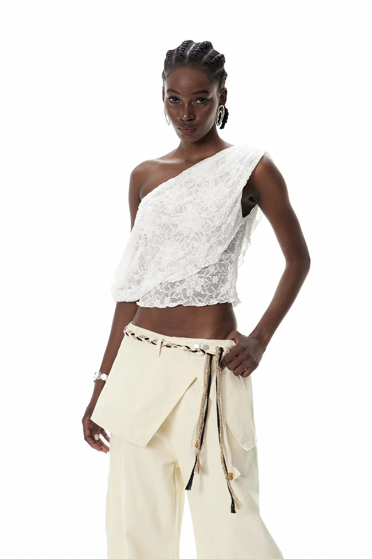 White Lace Asymmetric Ruch Top - Elegant Design