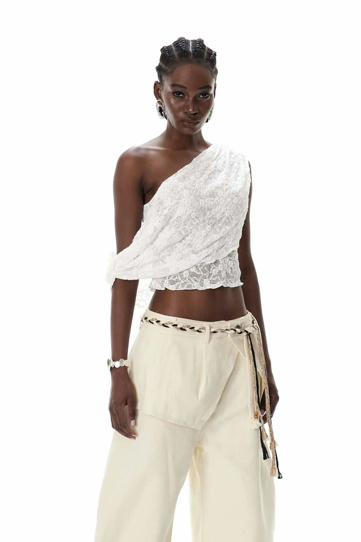 White Lace Asymmetric Ruch Top - Elegant Design