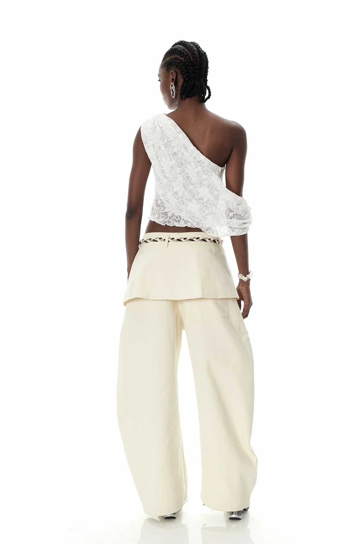 White Lace Asymmetric Ruch Top - Elegant Design