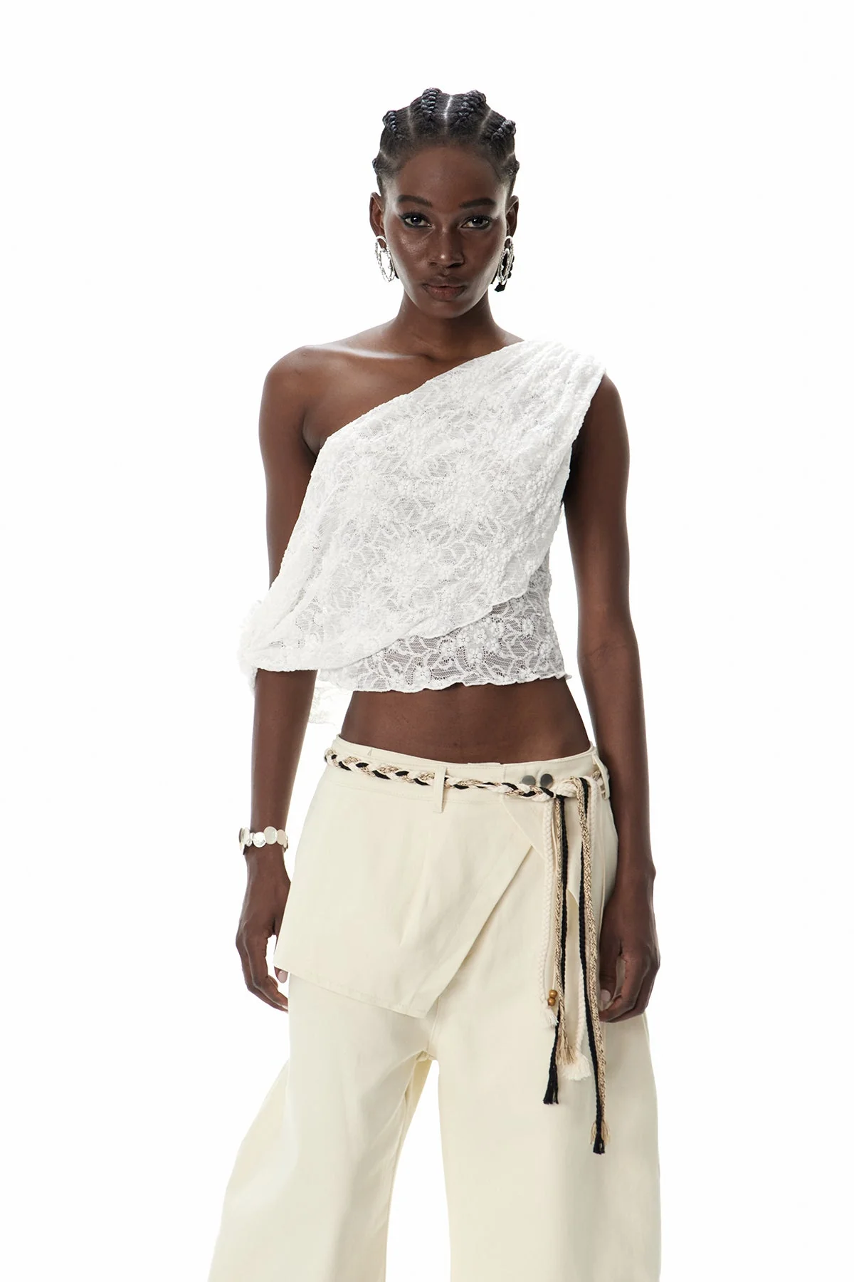 White Lace Asymmetric Ruch Top - Elegant Design