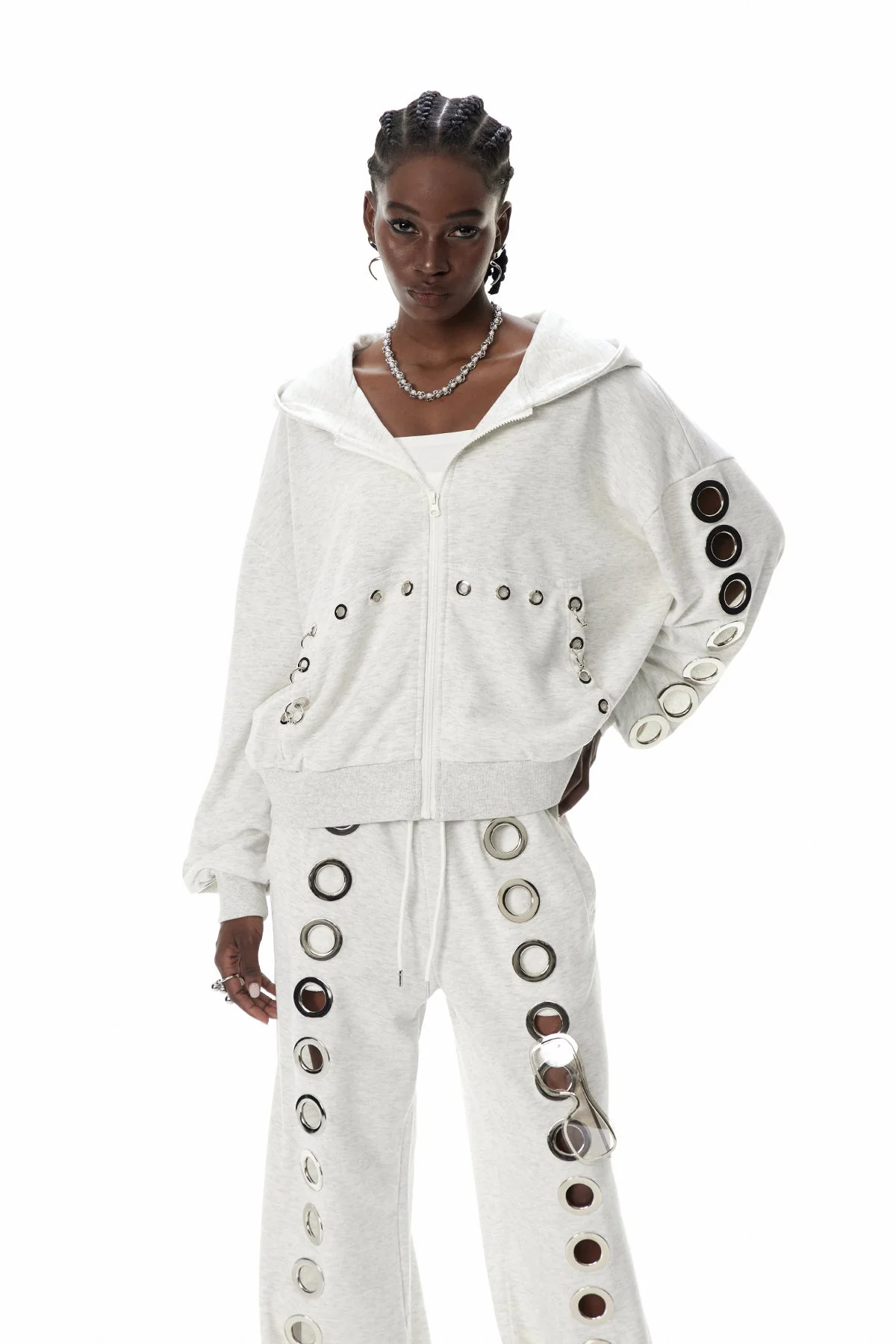 White Eyelet Hooded Outdoor Jacket for Women