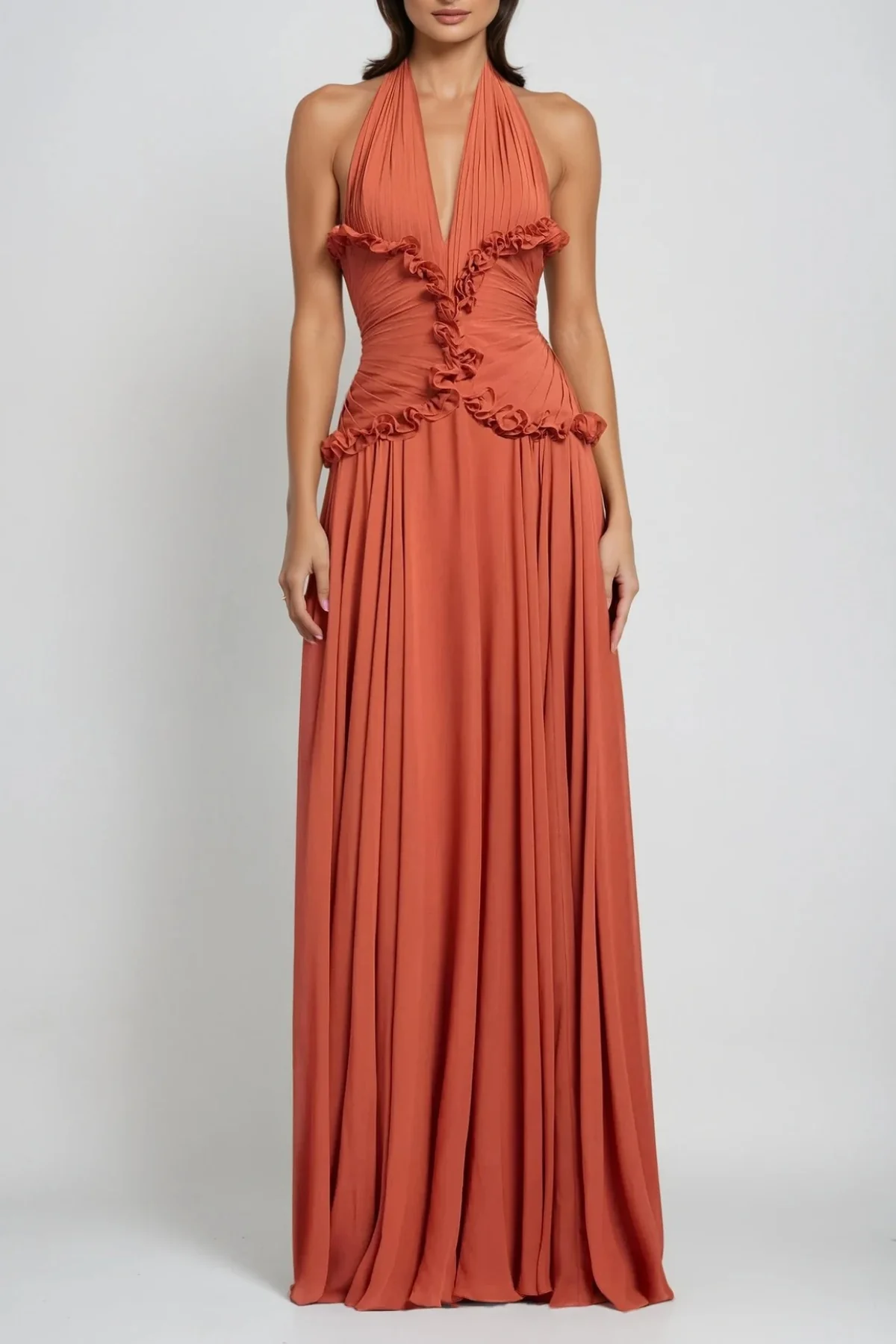 Orange Halter Neck Ruffle Maxi Dress - Elegant & Vibrant Style