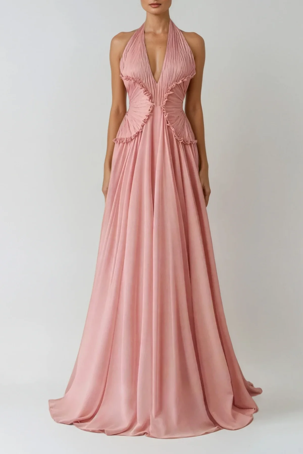 Pink Halter Neck Ruffle Maxi Dress - Elegant & Flattering Design