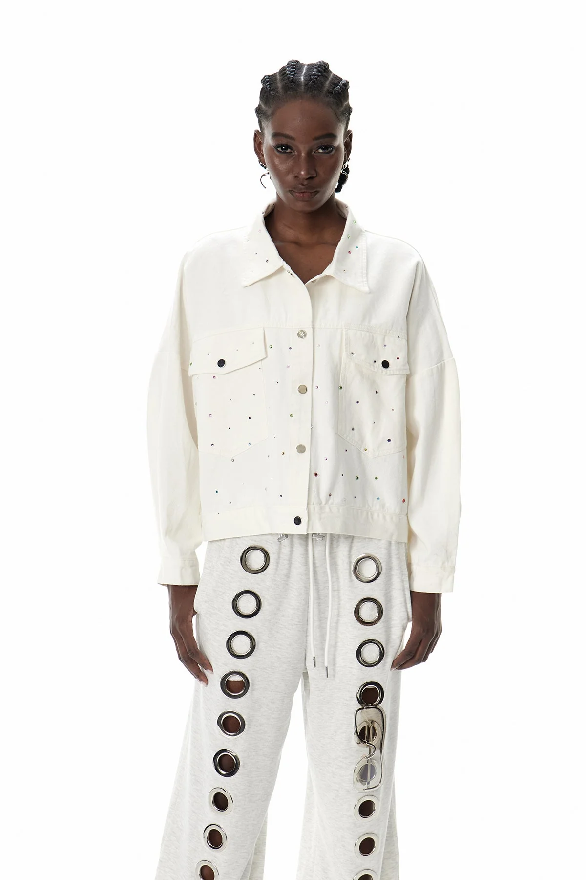 Rhinestone Drawstring Denim Jacket White Urban Edge Style