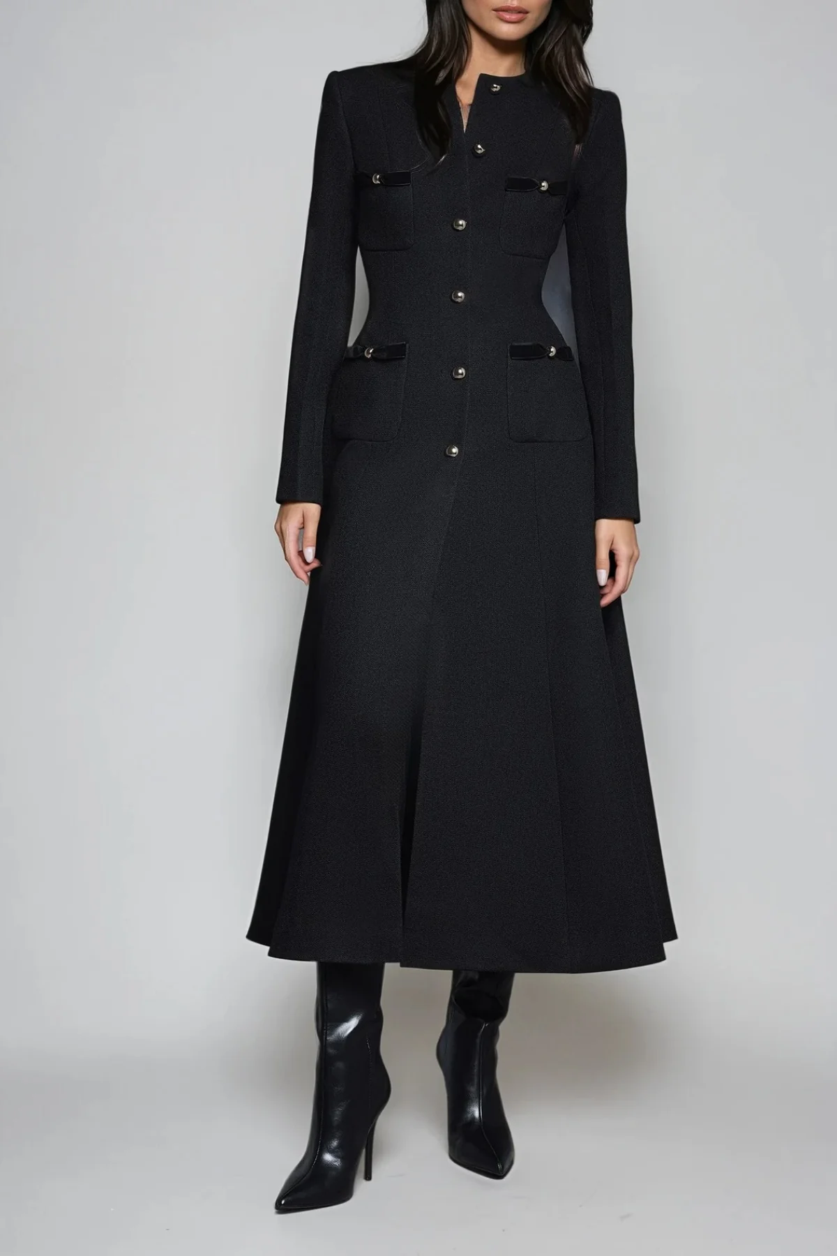 Elegant Black Long Sleeve Split Midi Dress