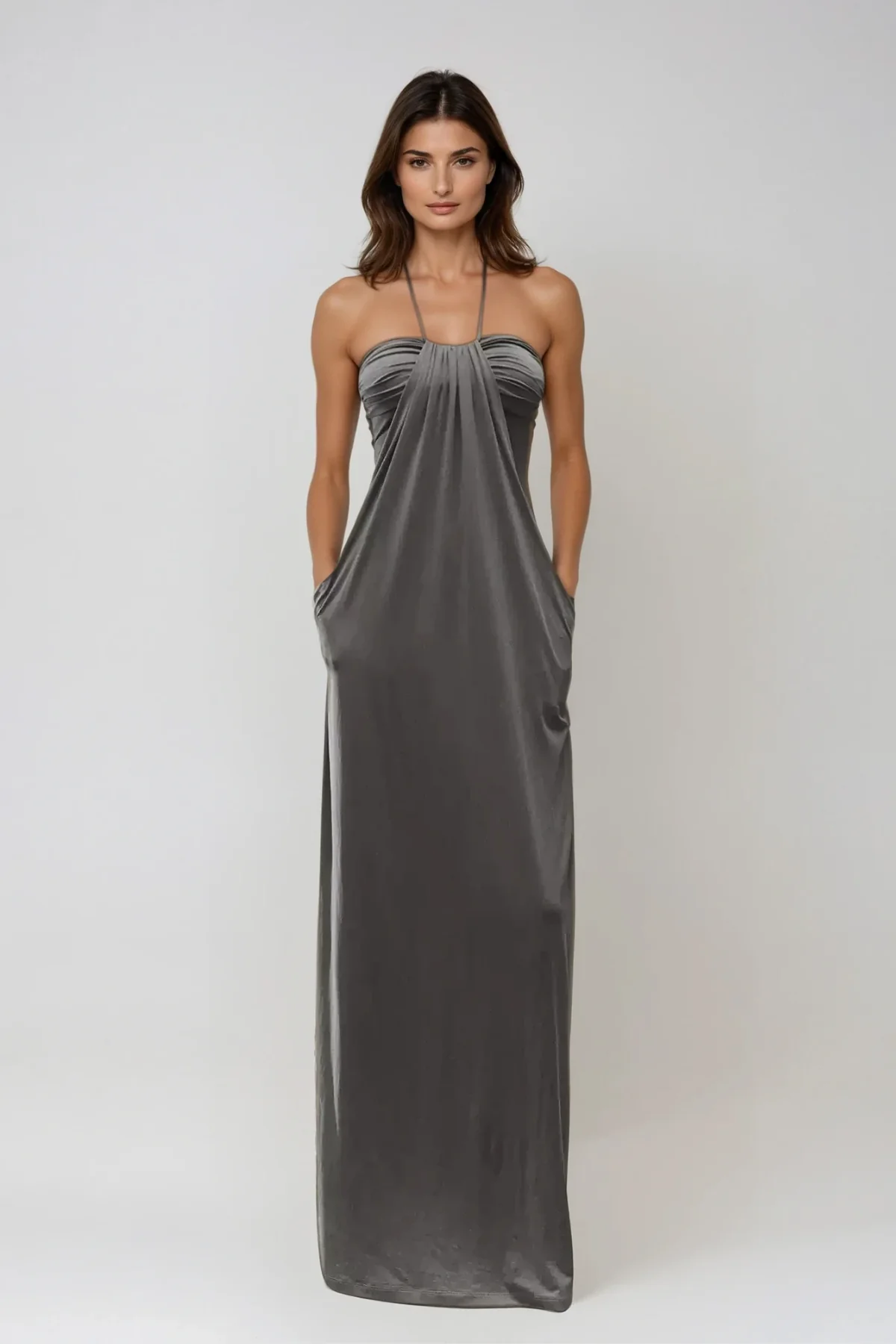 Elegant Halter Neck Ruched Maxi Dress - Formal Evening Attire