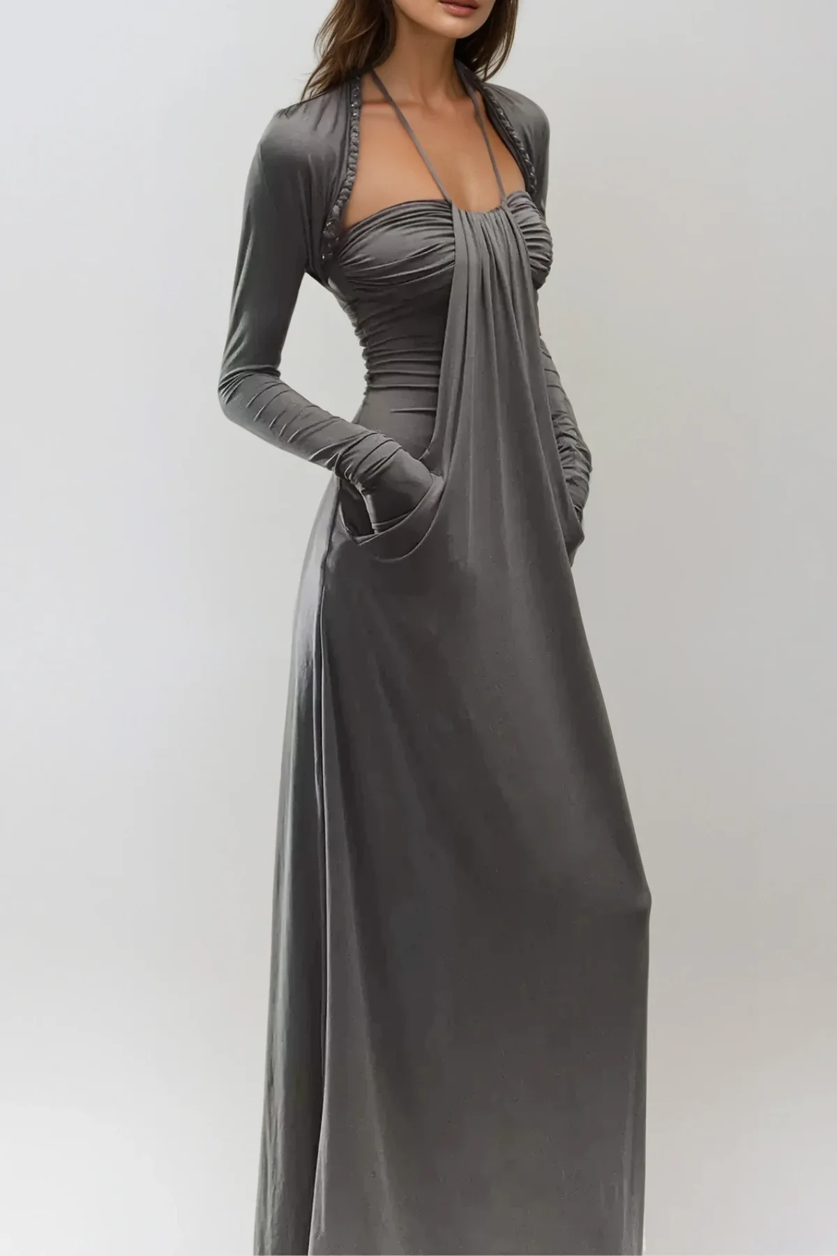 Elegant Halter Neck Ruched Maxi Dress - Formal Evening Attire