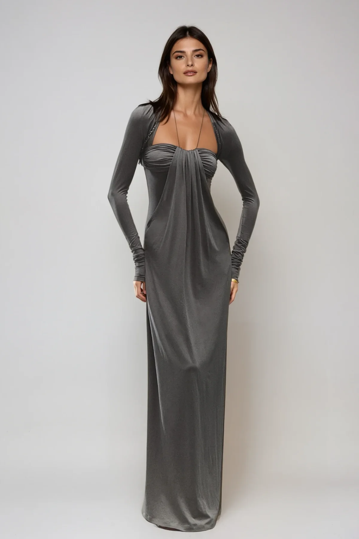 Elegant Halter Neck Ruched Maxi Dress - Formal Evening Attire