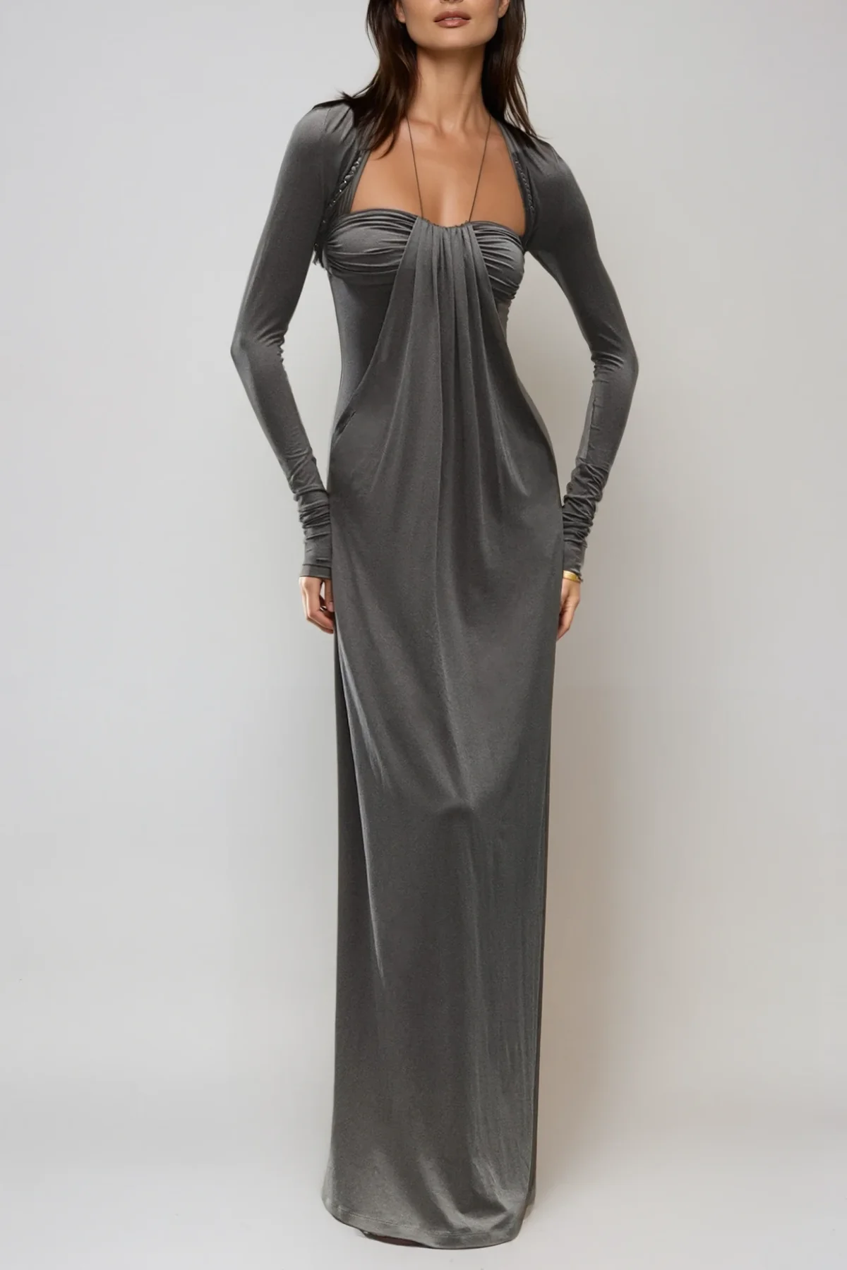 Elegant Halter Neck Ruched Maxi Dress - Formal Evening Attire