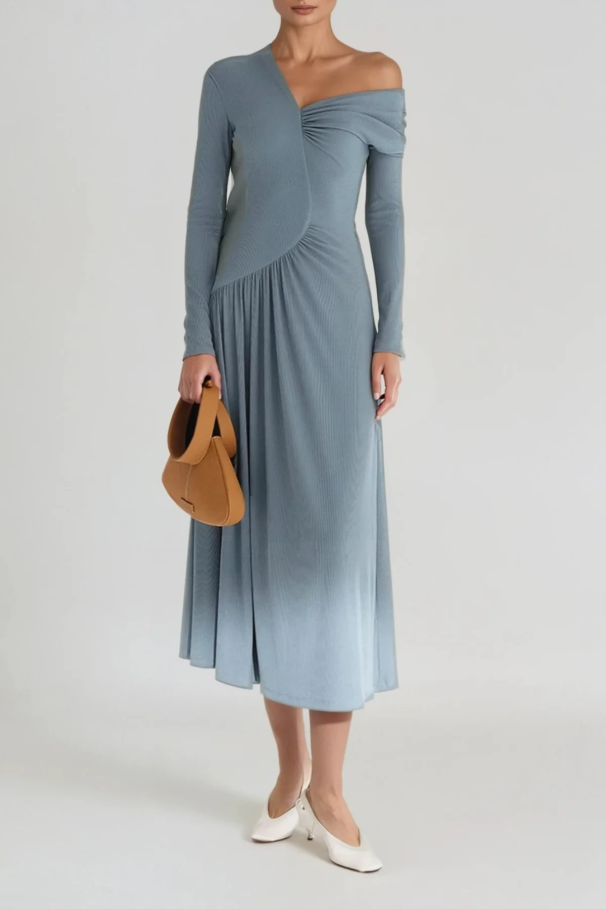 Blue One Shoulder Ruched Maxi Dress - Elegant Evening Wear