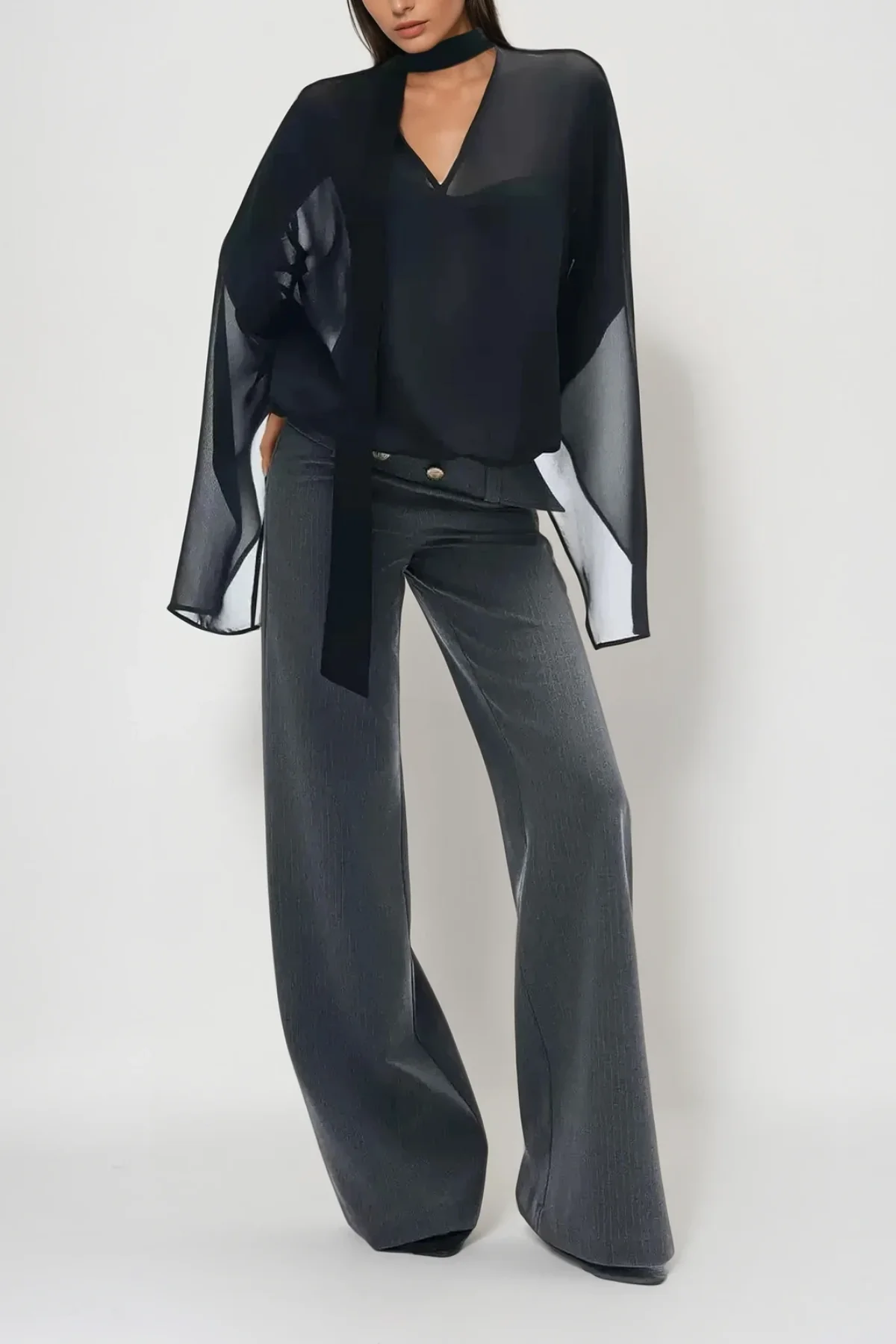 Black V Neck Scarf Detail Top