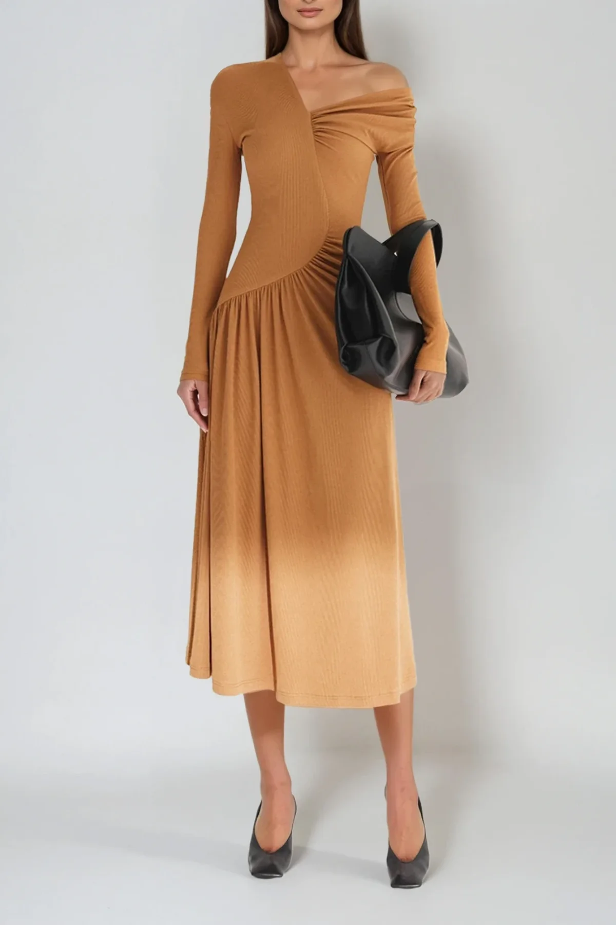 Khaki Asymmetric One-Shoulder Maxi Dress with Ruch Detail