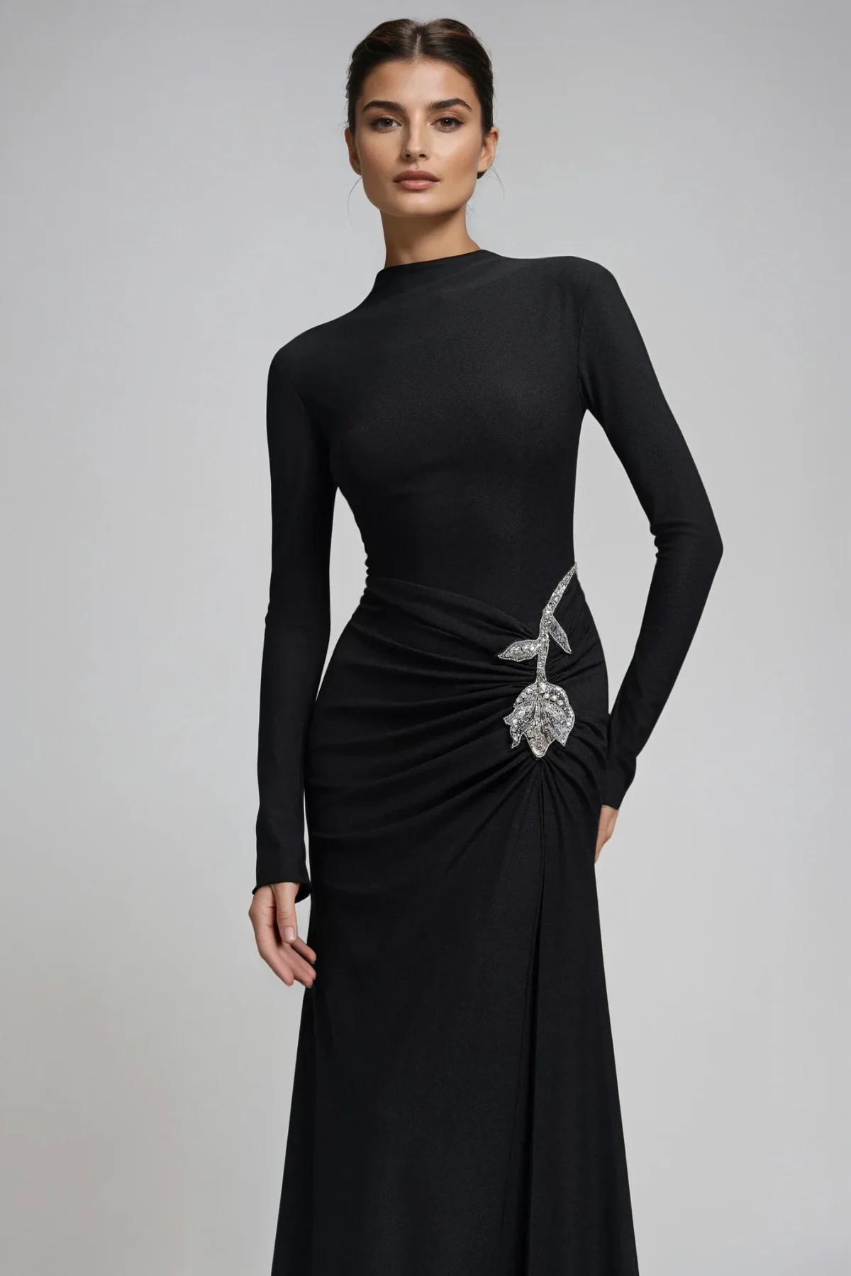 Black Rhinestone Flower Maxi Dress - Elegant Long Sleeve Style