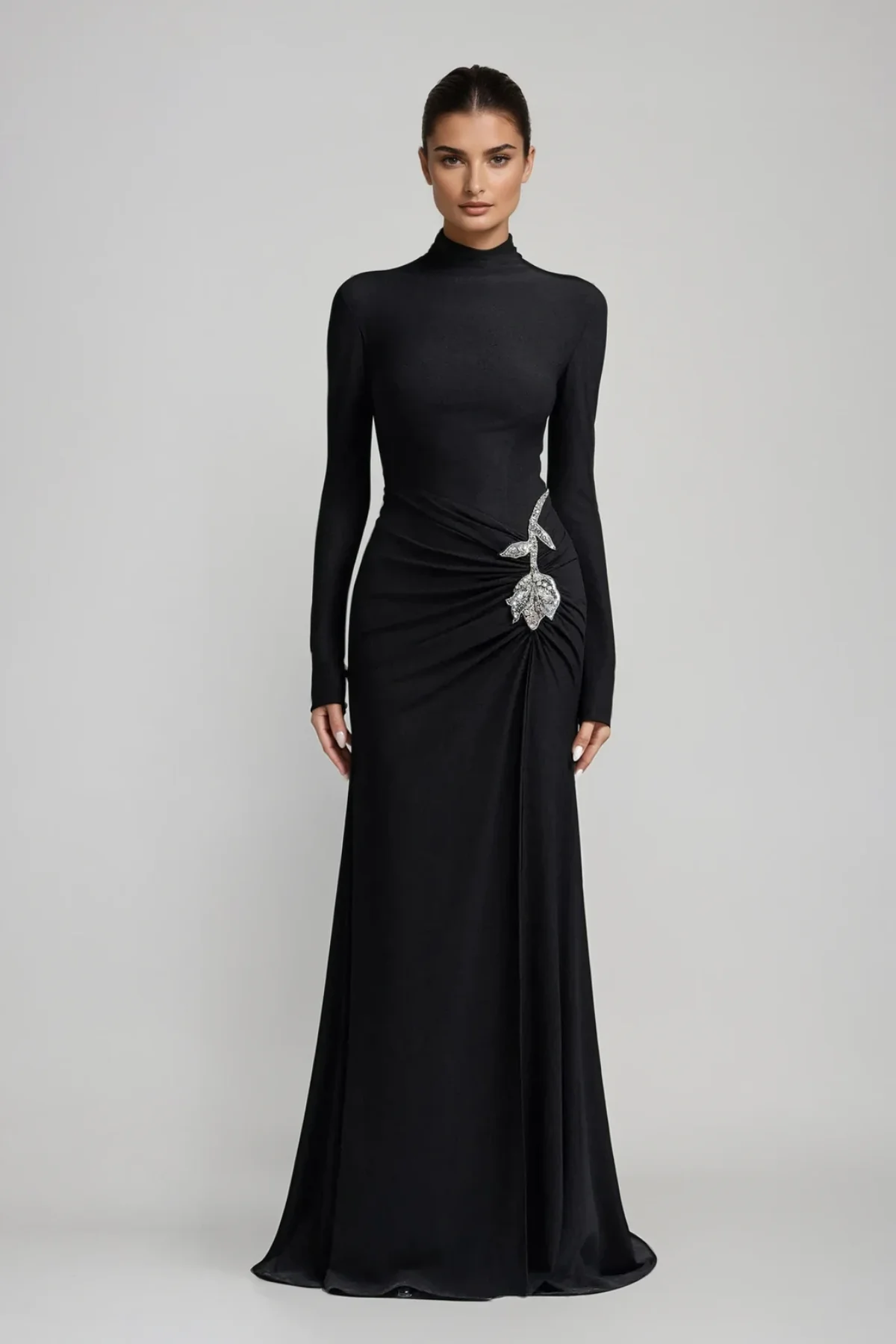 Black Rhinestone Flower Maxi Dress - Elegant Long Sleeve Style