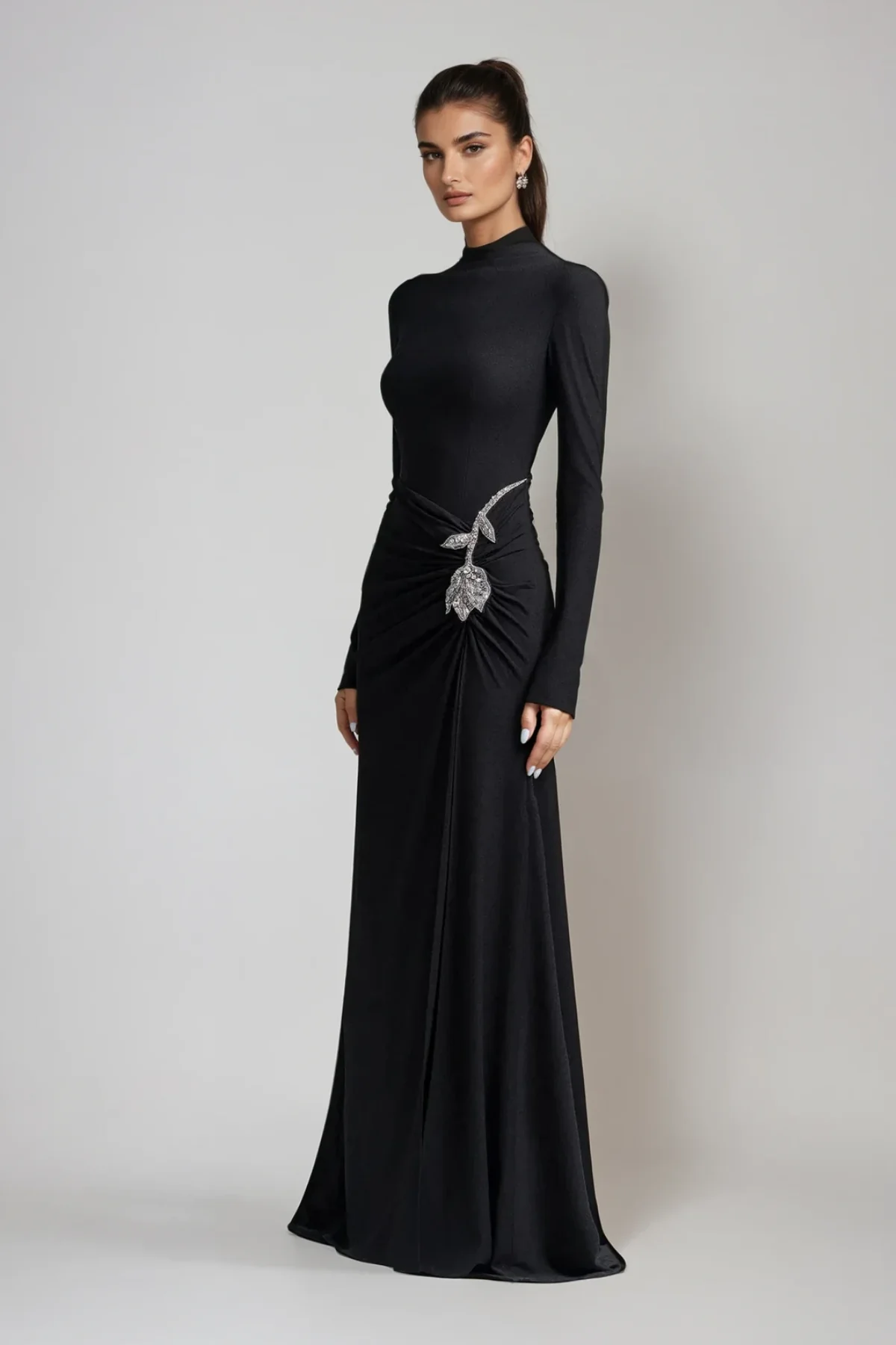 Black Rhinestone Flower Maxi Dress - Elegant Long Sleeve Style