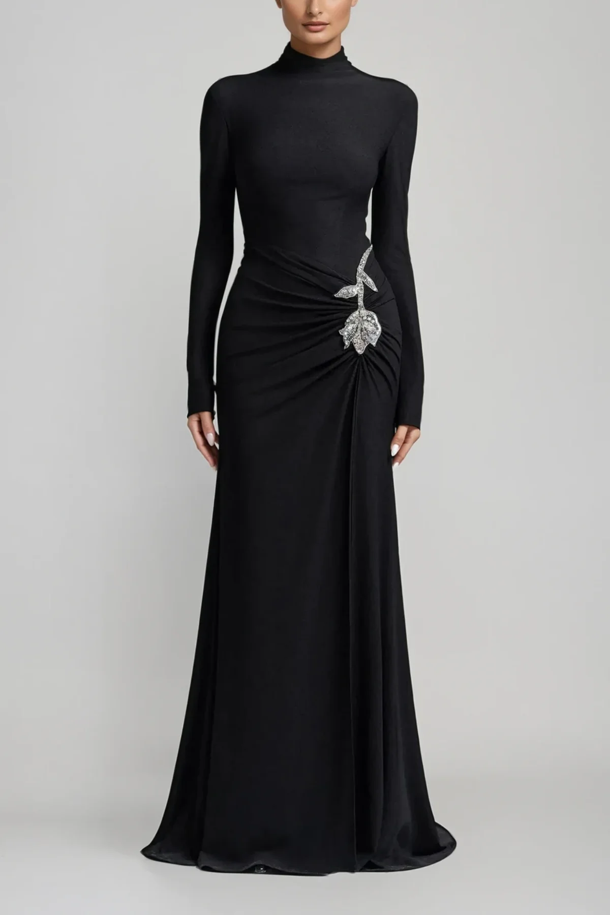 Black Rhinestone Flower Maxi Dress - Elegant Long Sleeve Style