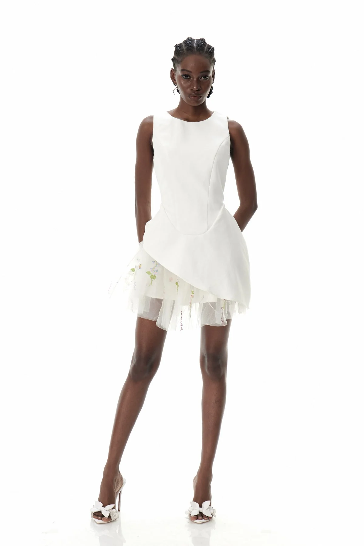 Beige Mesh Asymmetric Mini Dress