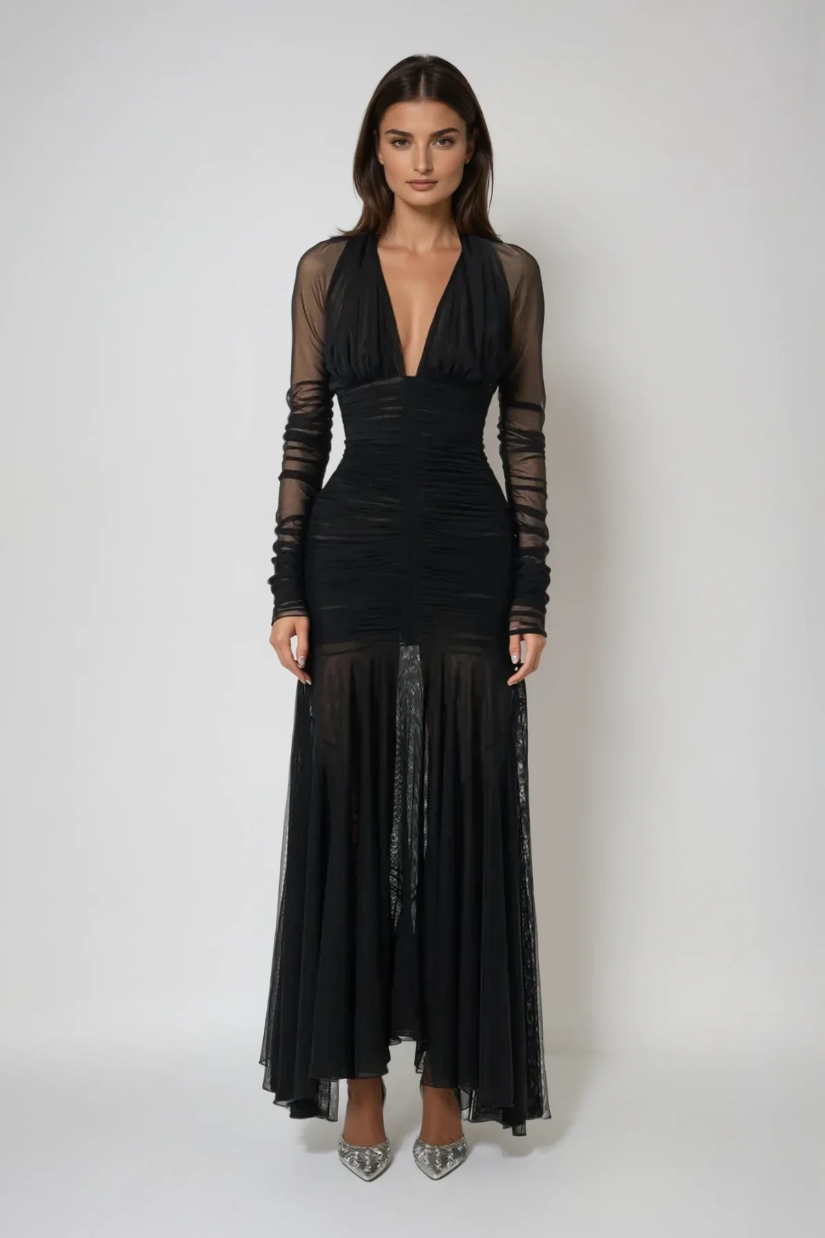 Black Mesh Plunge Maxi Dress
