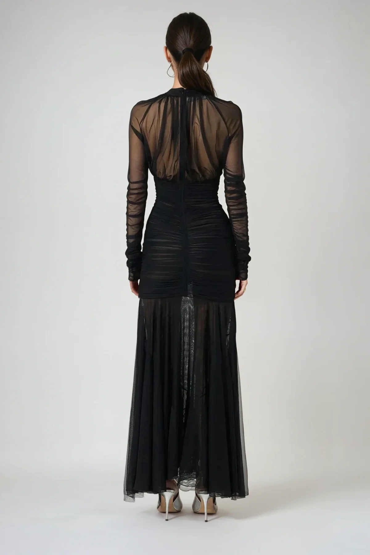 Black Mesh Plunge Maxi Dress