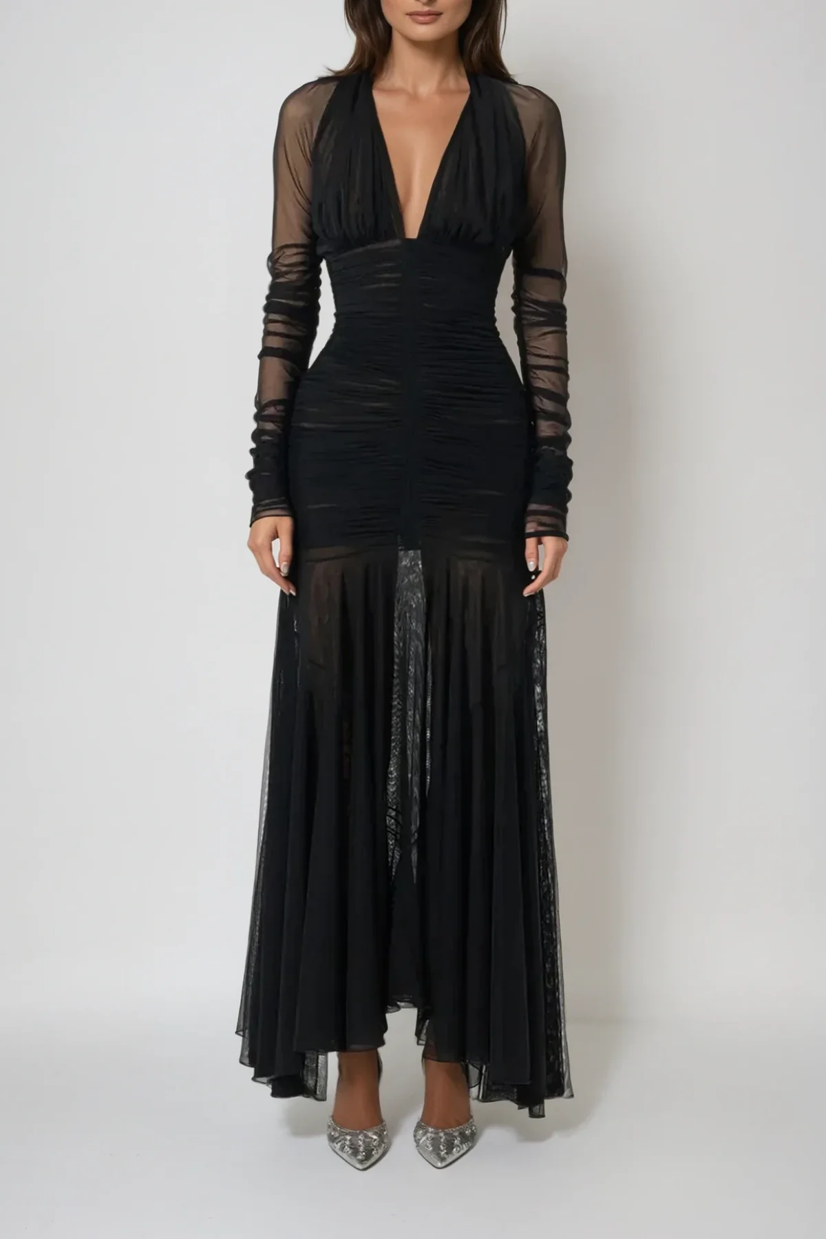 Black Mesh Plunge Maxi Dress