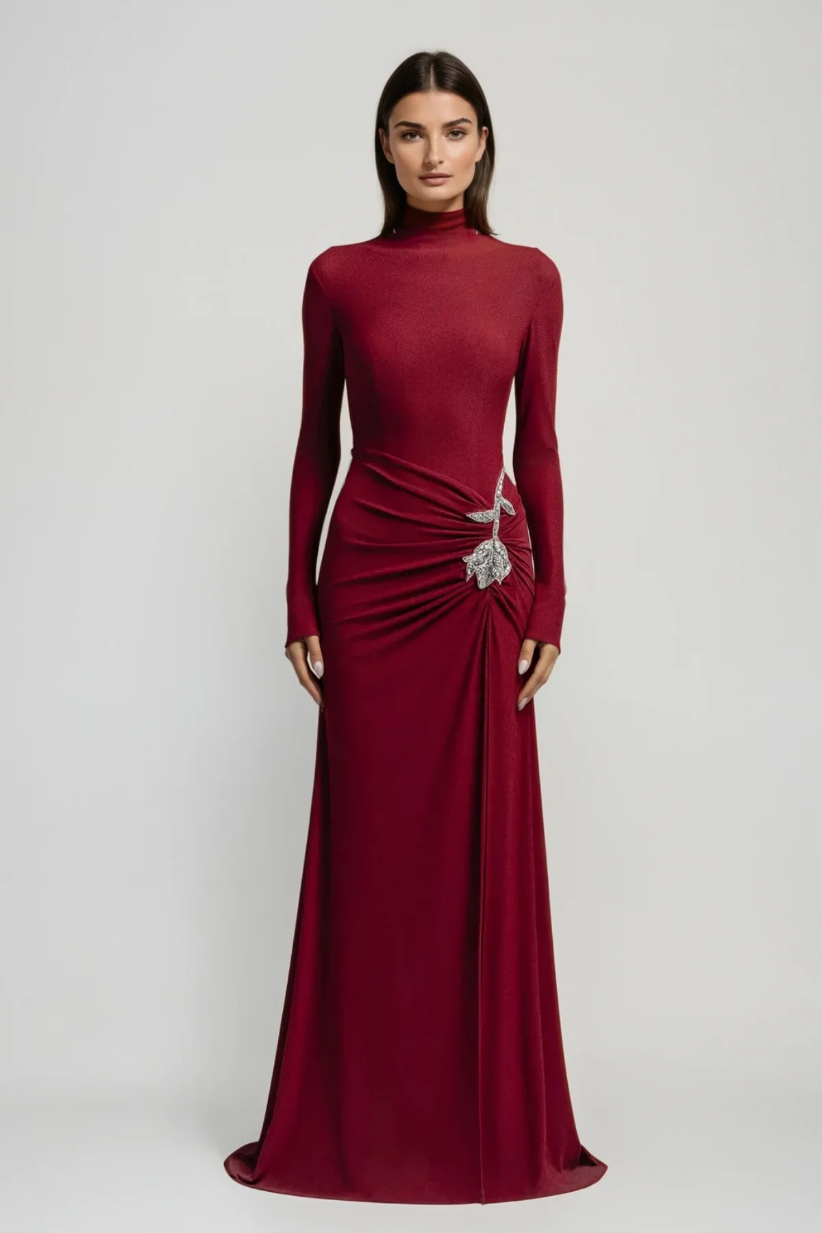 Red Rhinestone Floral Maxi Dress with Long Sleeves