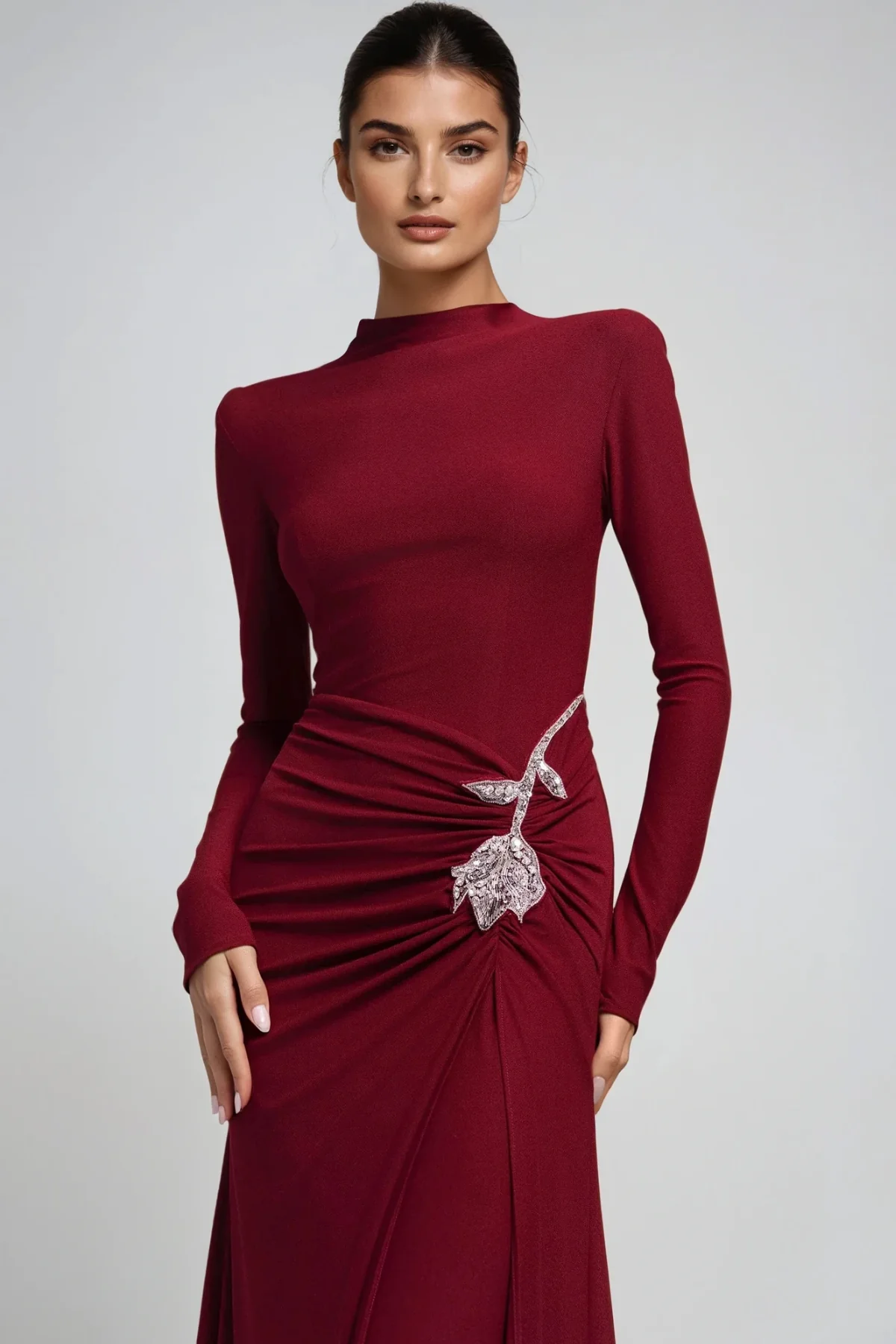 Red Rhinestone Floral Maxi Dress with Long Sleeves