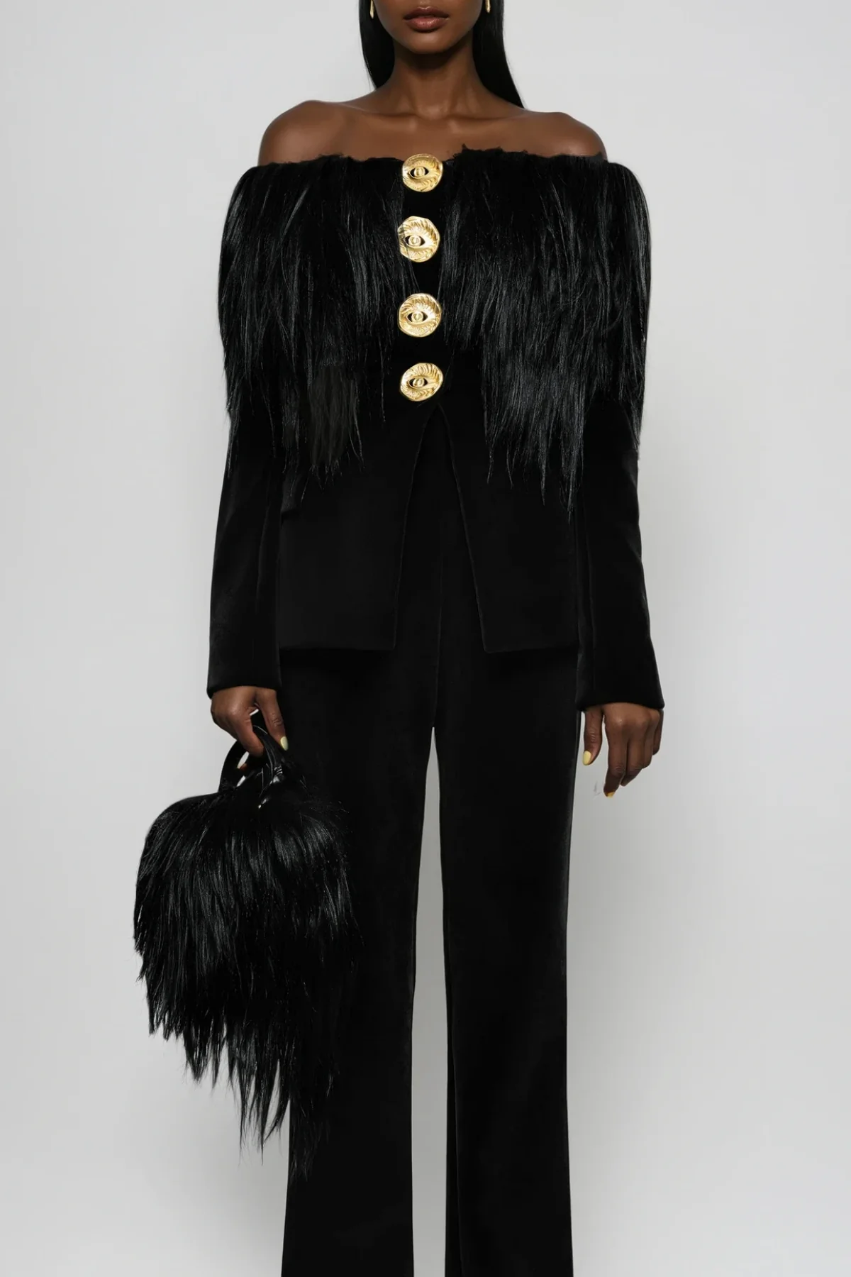 Chic Black Fringe Off-Shoulder Top Rings in Elegance