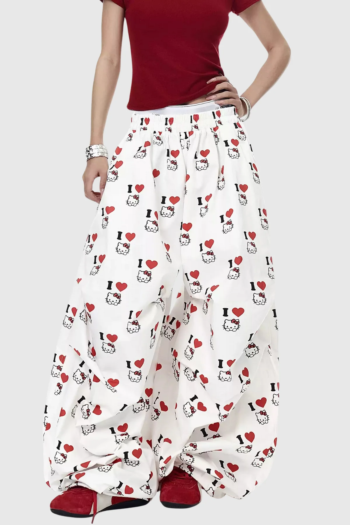 White Heart Print Wide Leg Pants for Versatile Styling