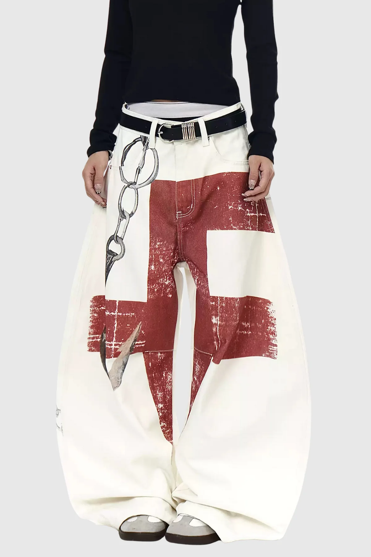 Print Pattern Wide Leg Denim Jeans in White