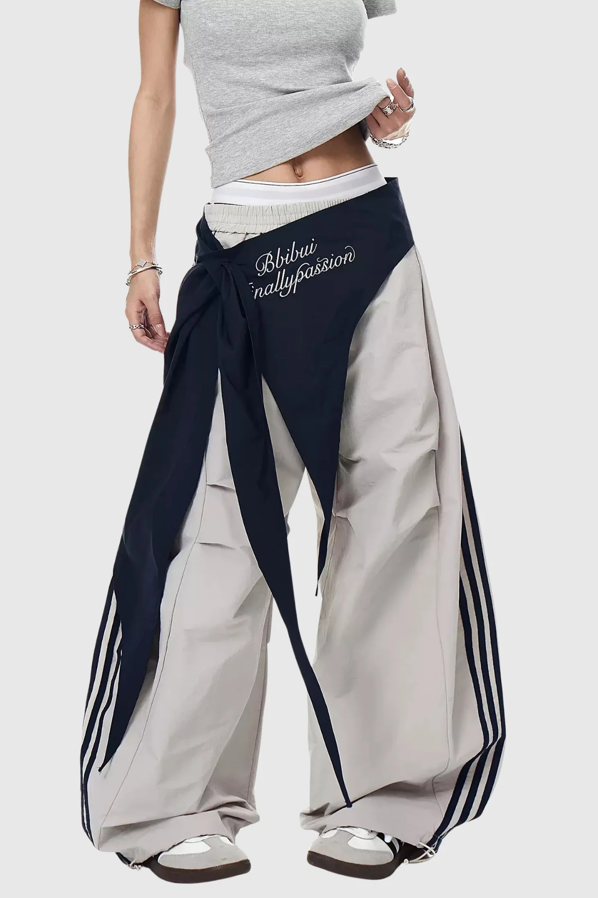 Khaki Deconstructed Wide Leg Pants with Stripe Detail