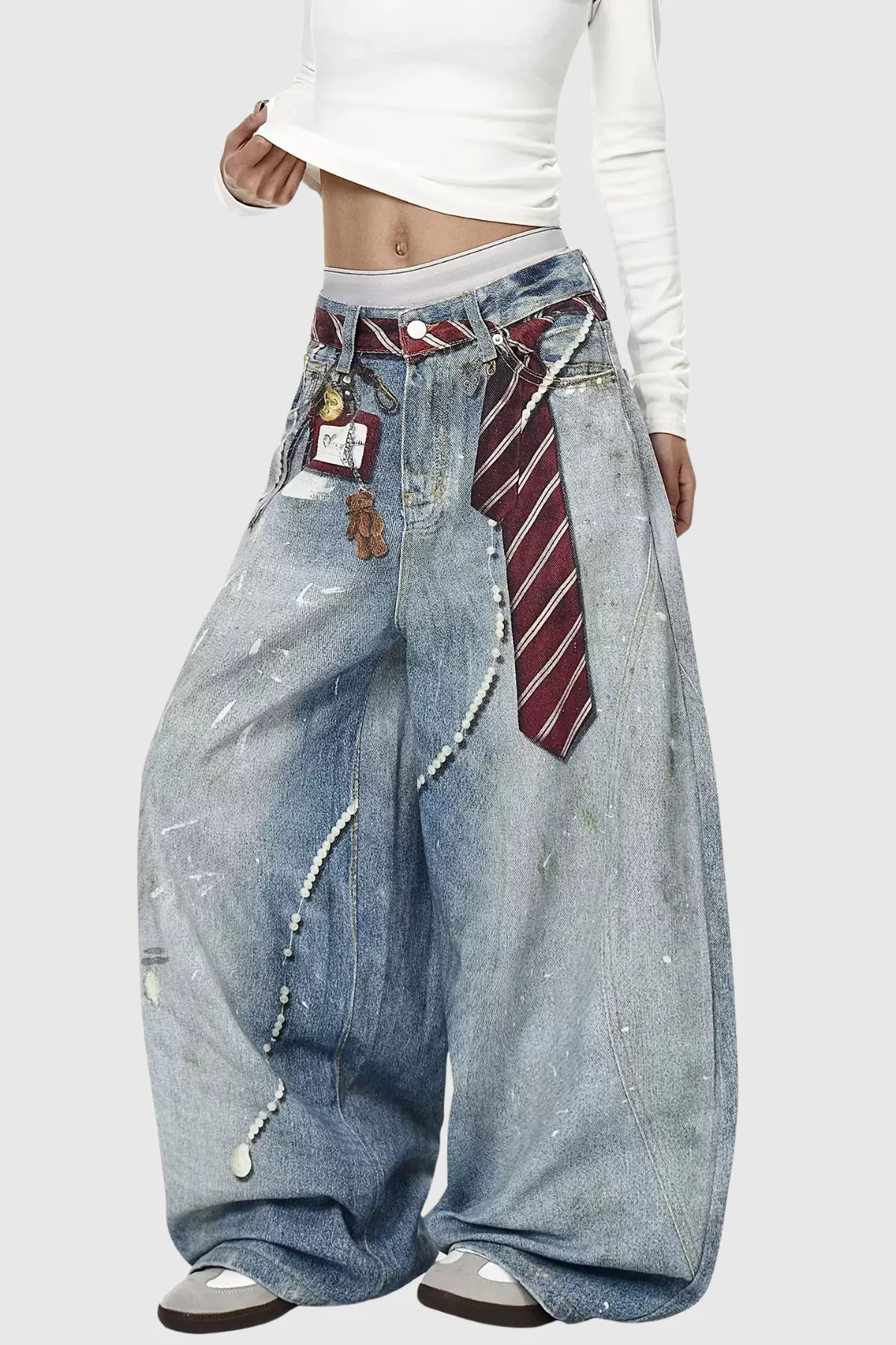 Blue Splattered Stripe Wide Leg Jeans