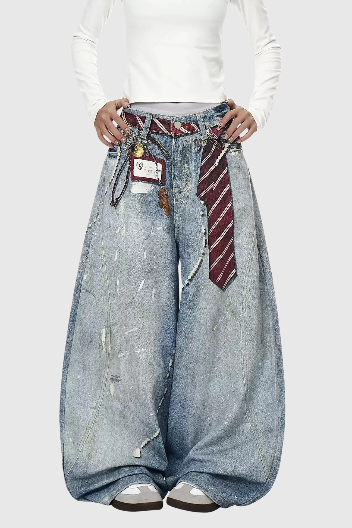 Blue Splattered Stripe Wide Leg Jeans